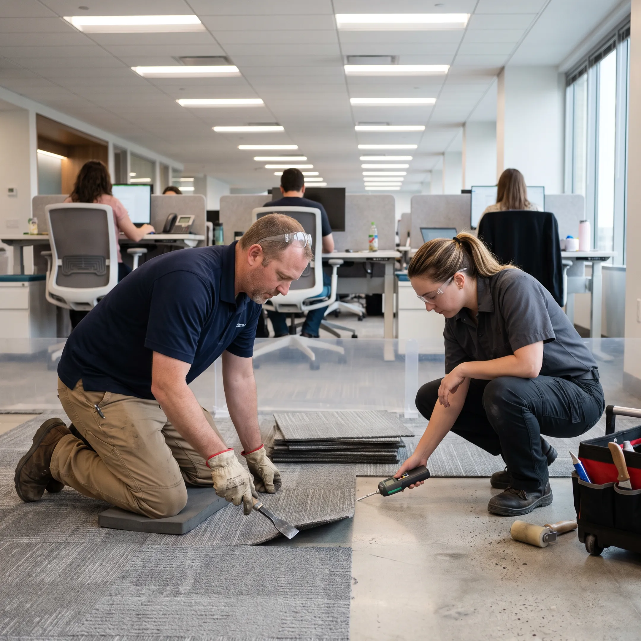Commercial flooring repair and carpet tile replacement in progress