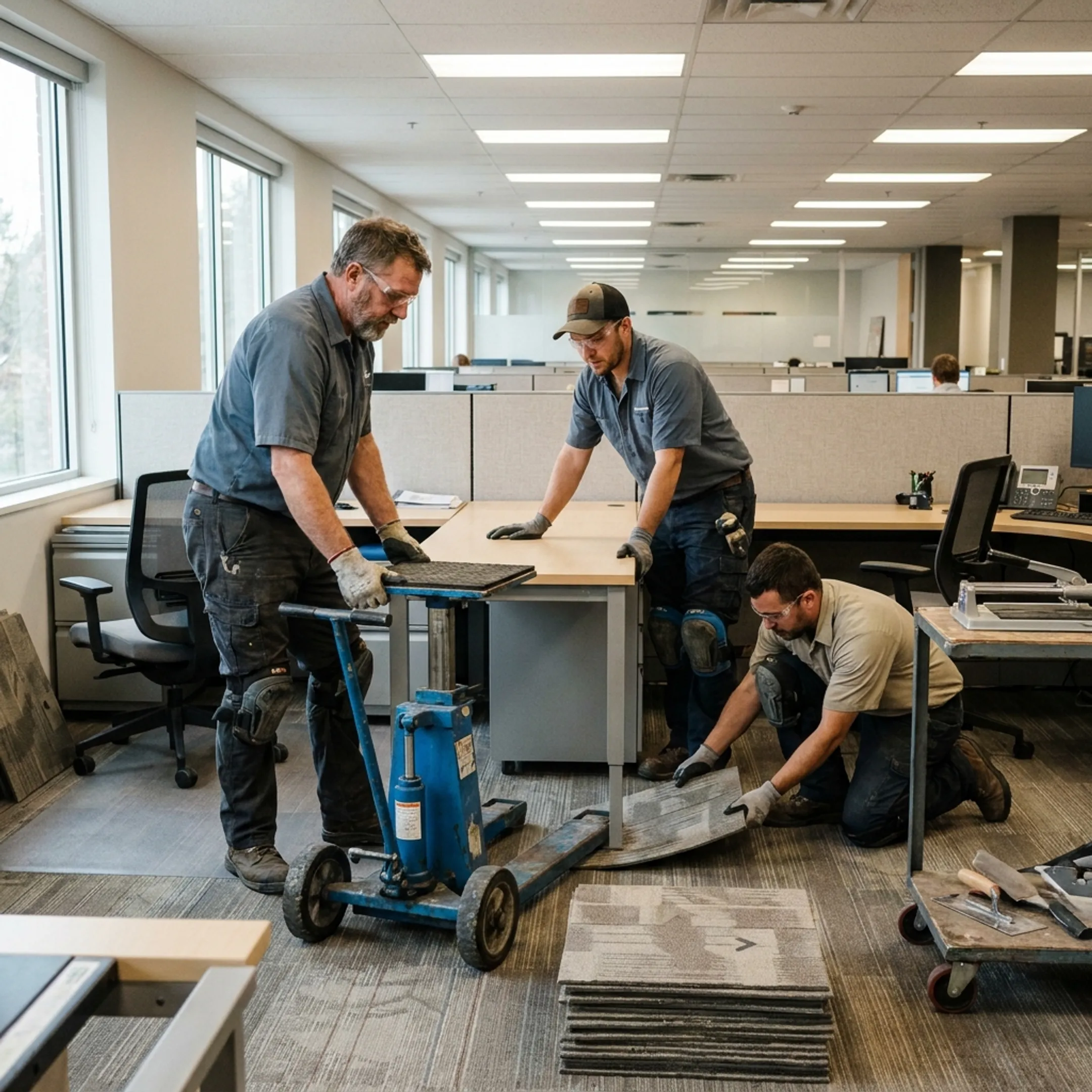 Technicians performing furniture lift and carpet installation