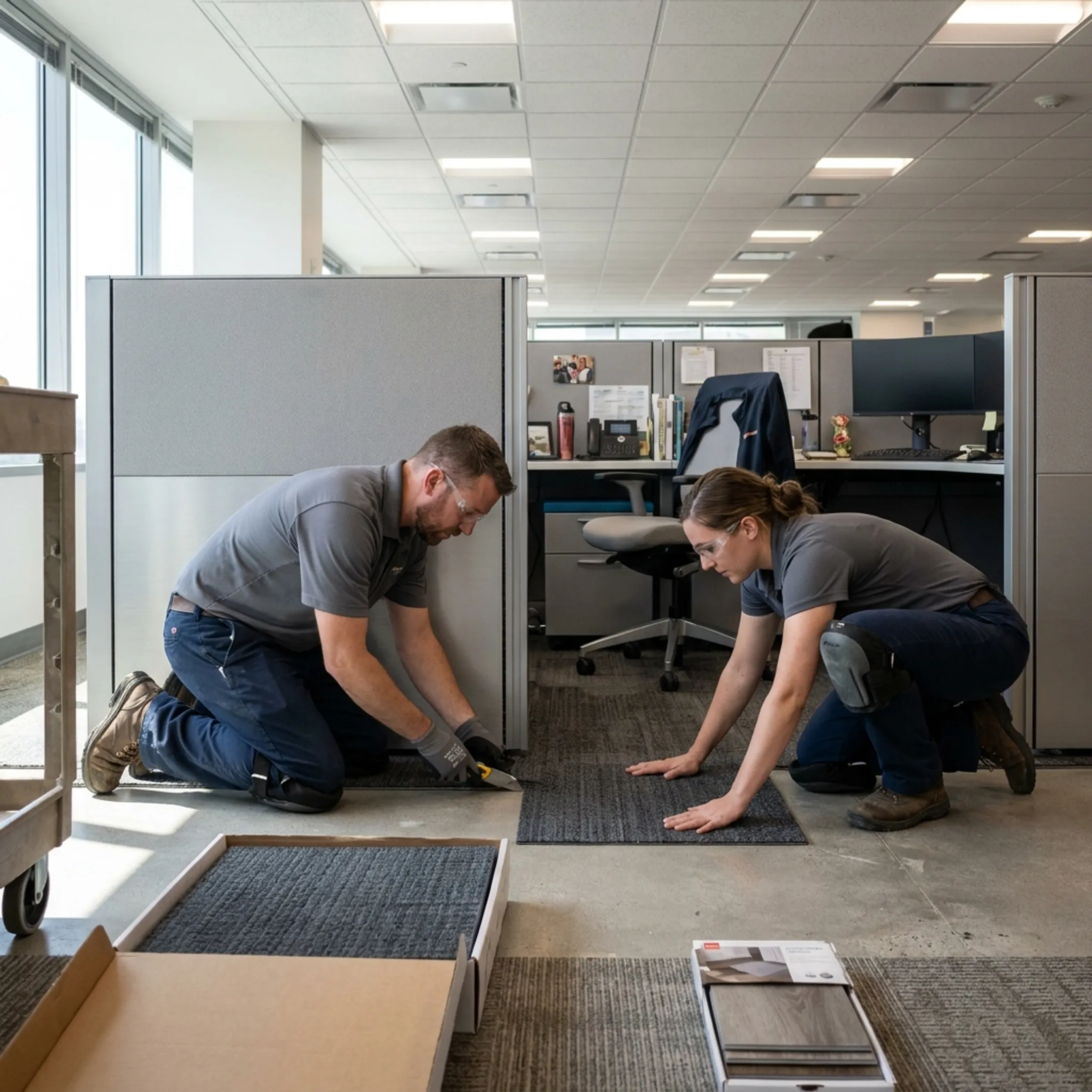 Technicians performing commercial flooring installation in an active office environment