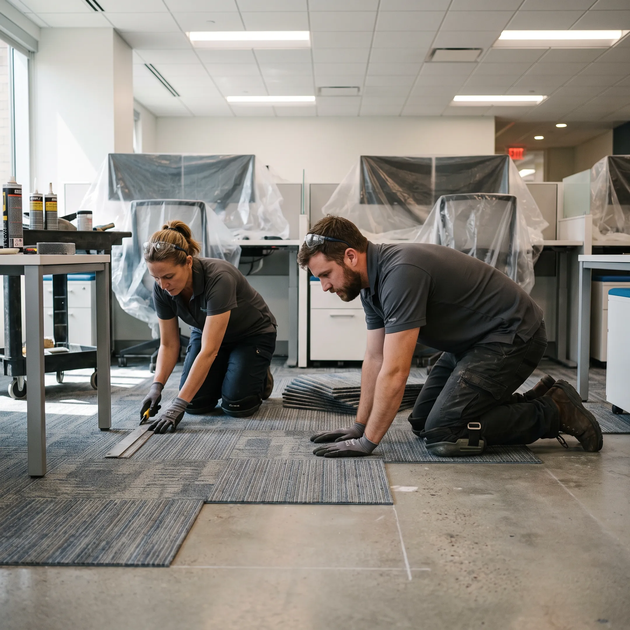 Professional commercial flooring installation in an occupied office facility