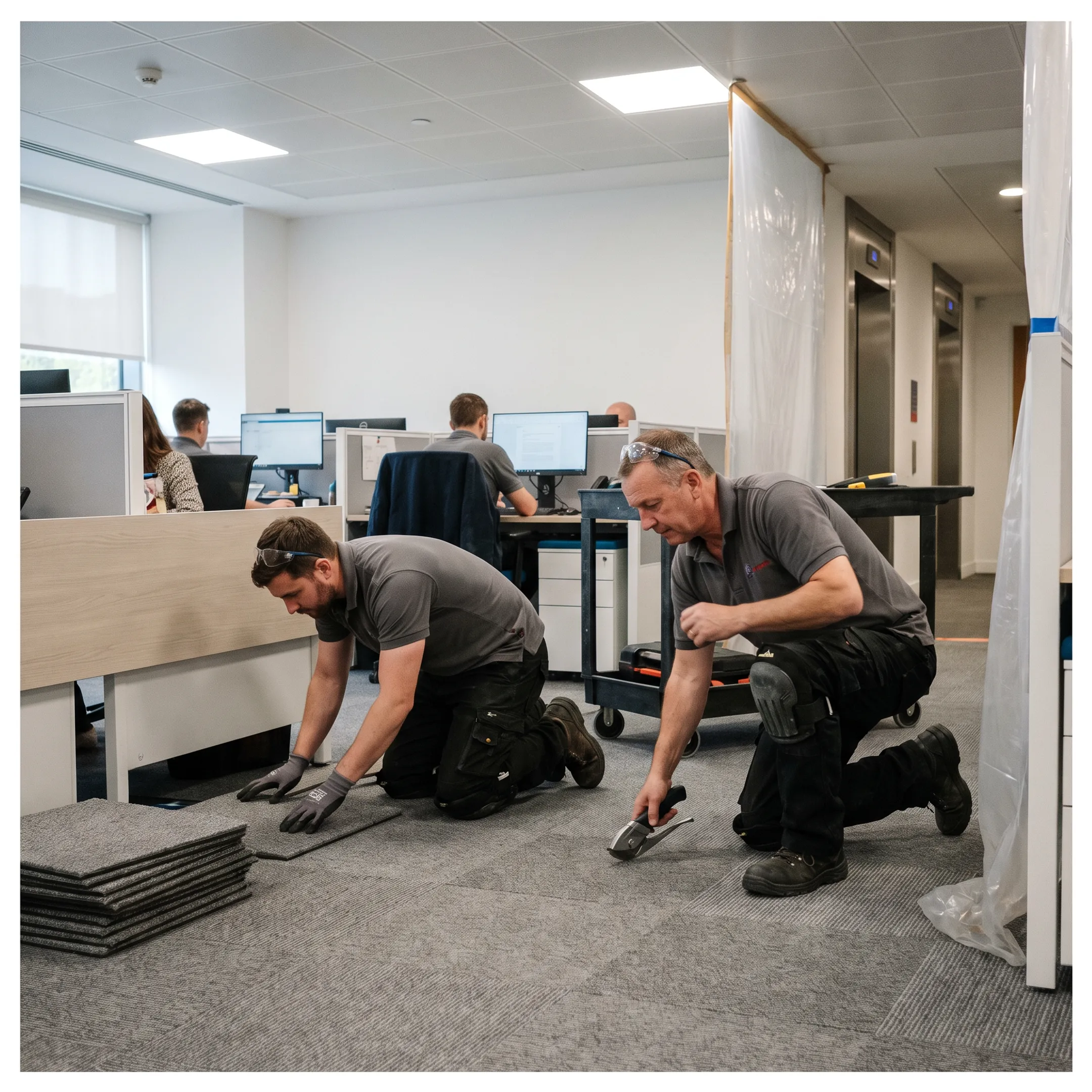 Commercial flooring installation in an active Charlotte office building