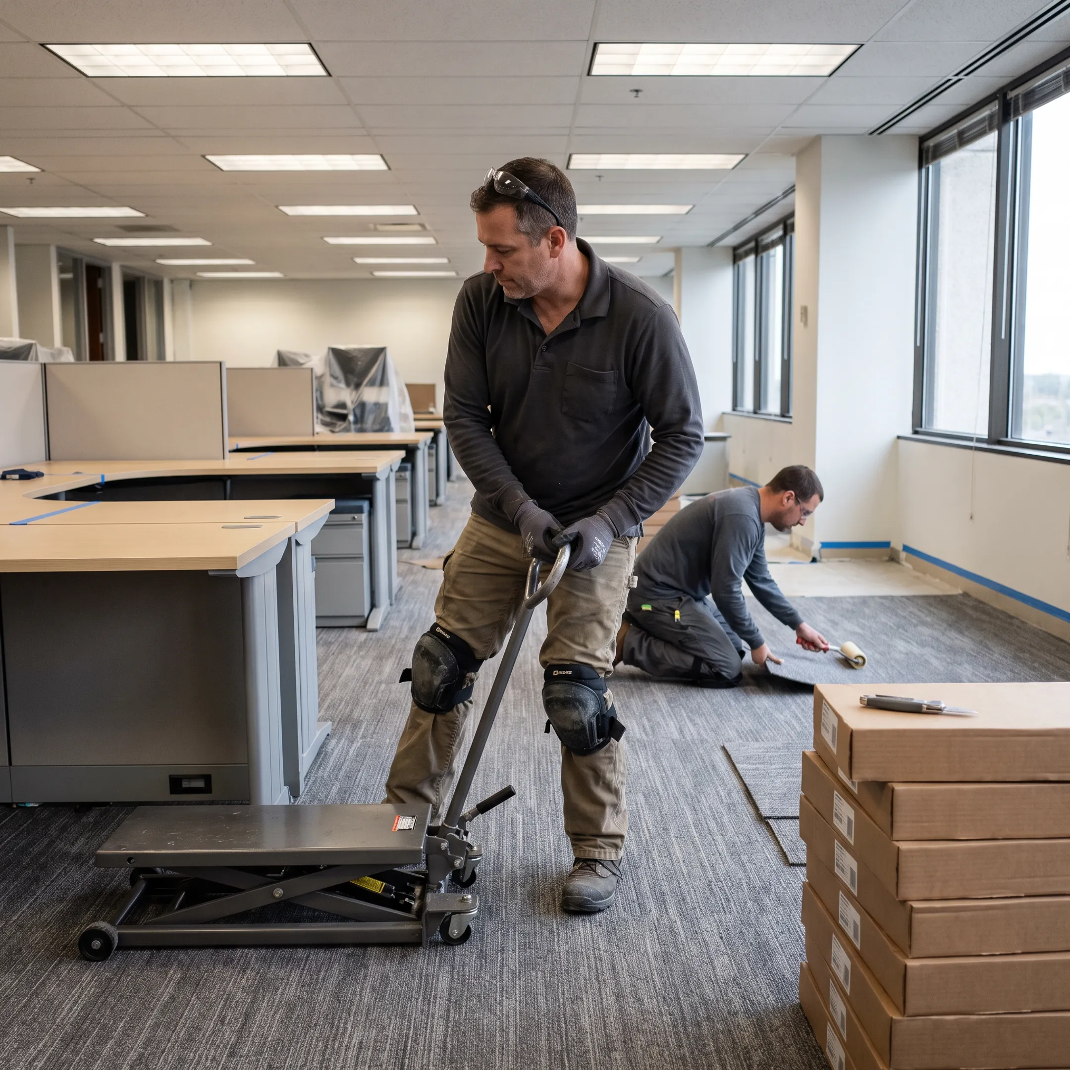 Technician using specialized furniture lift system for office carpet replacement