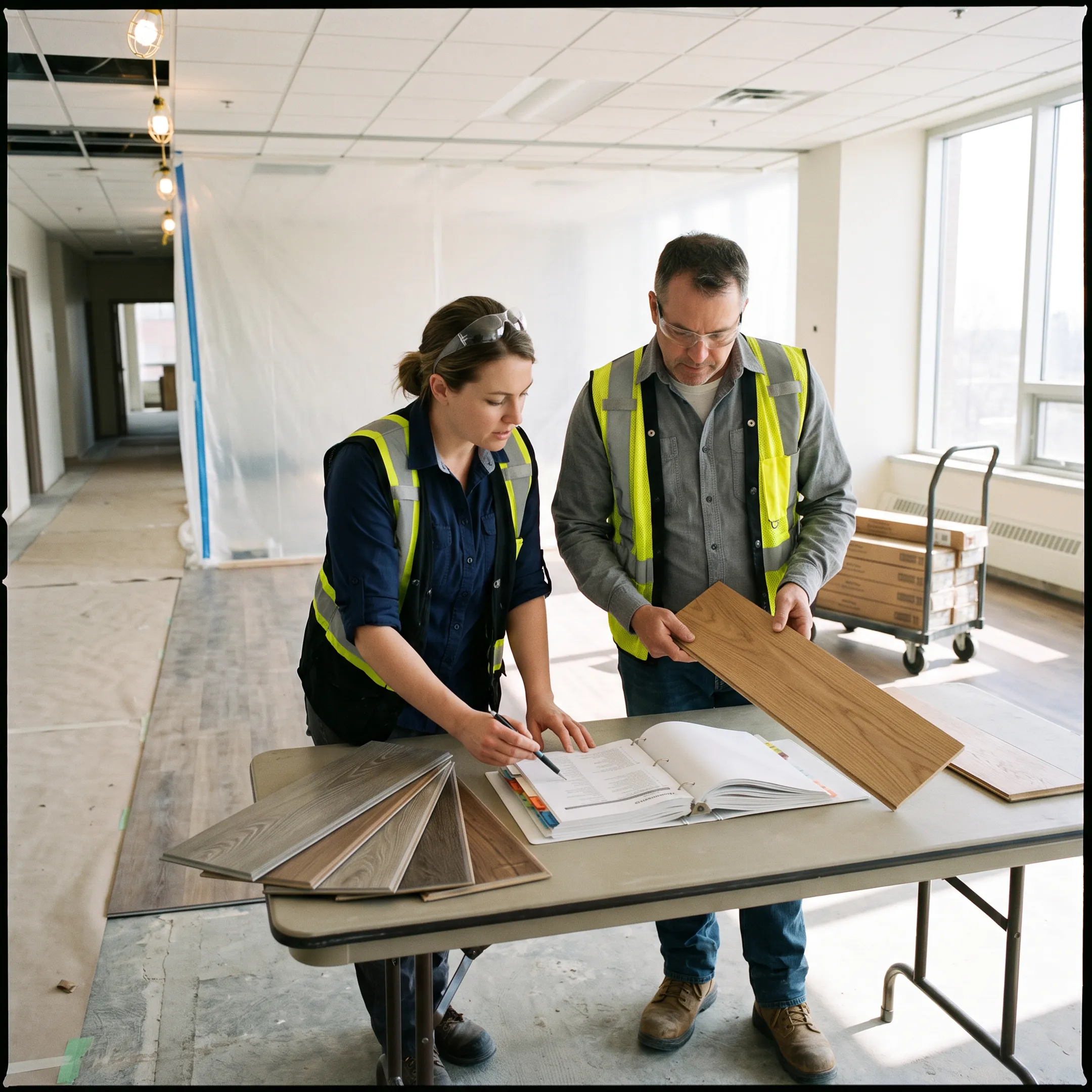 Project managers reviewing commercial vinyl and hardwood samples on site