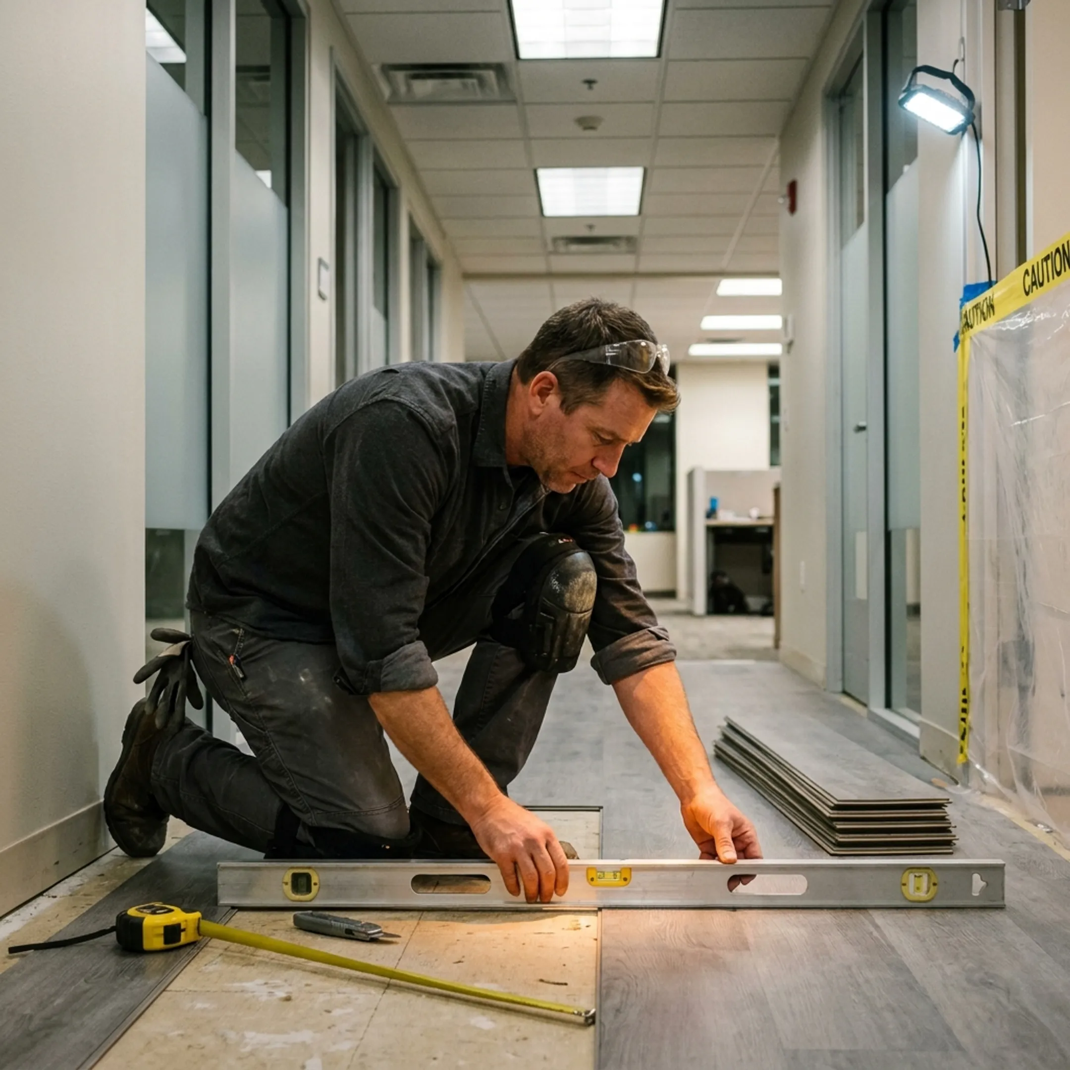 Flooring technician preparing commercial concrete subfloor for vinyl plank layout