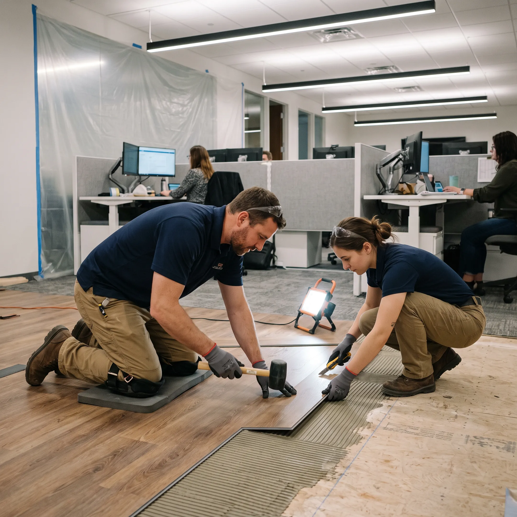 Commercial luxury vinyl plank flooring installation in an active corporate office space