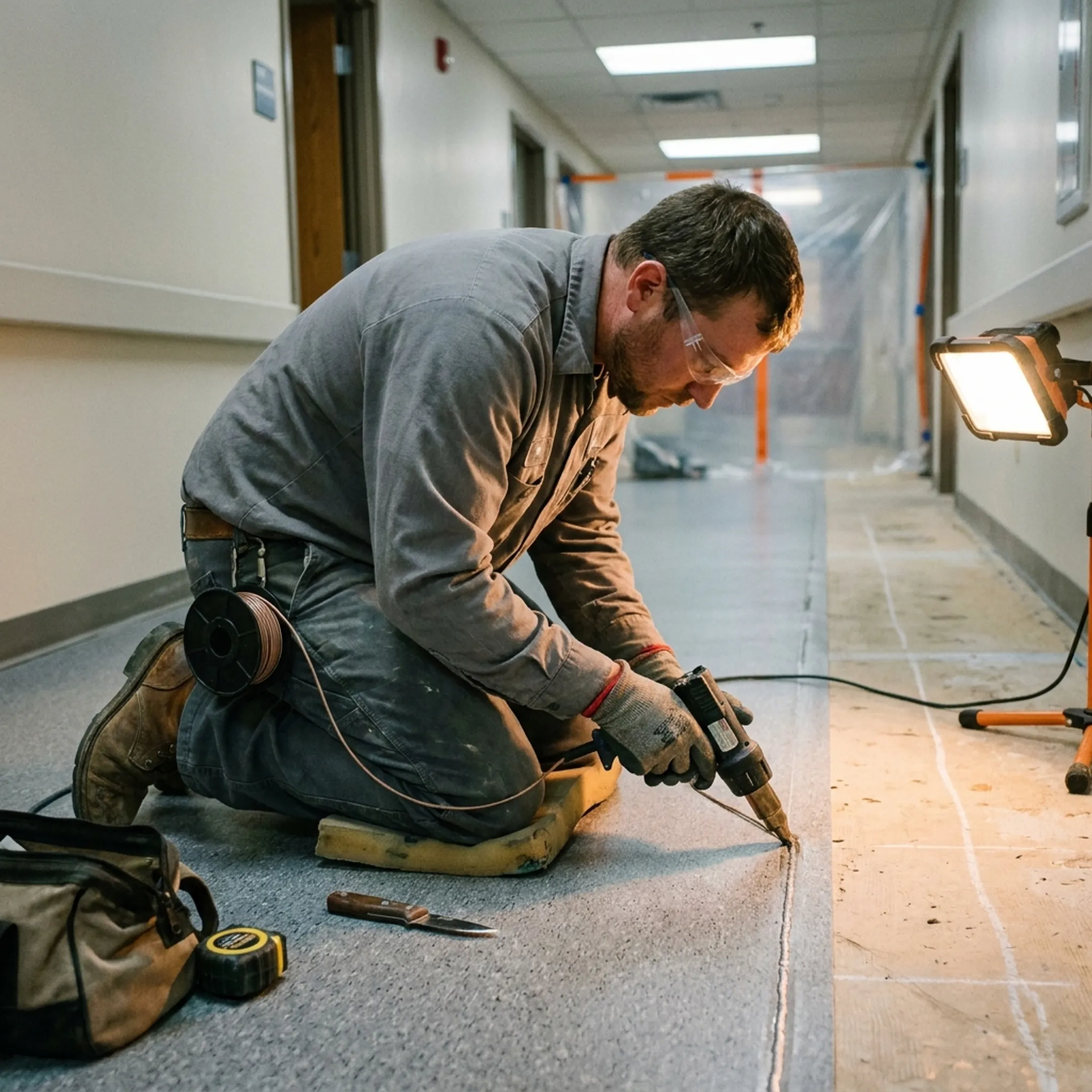 Commercial slip resistant vinyl safety flooring installed in high traffic hallway