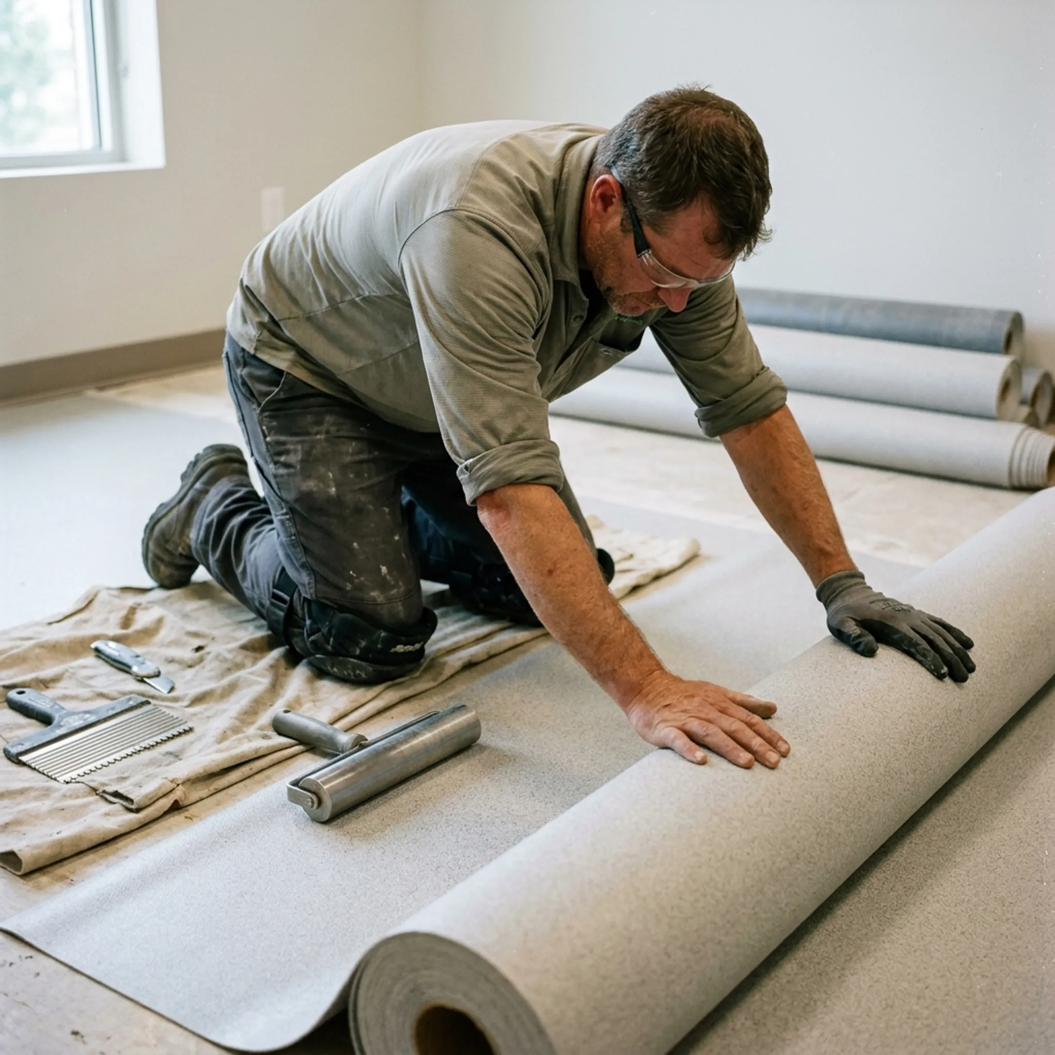Installer fitting slip resistant vinyl safety flooring in commercial space