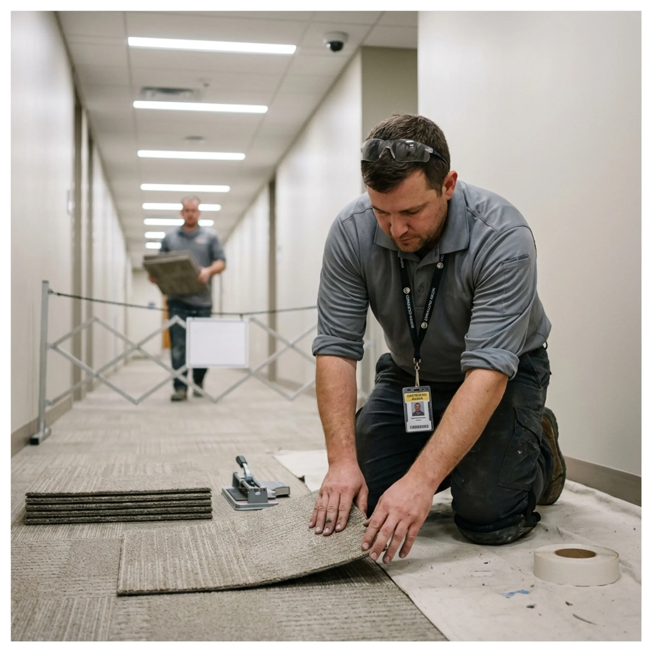Technician coordinating contract carpet replacement in a modern commercial building
