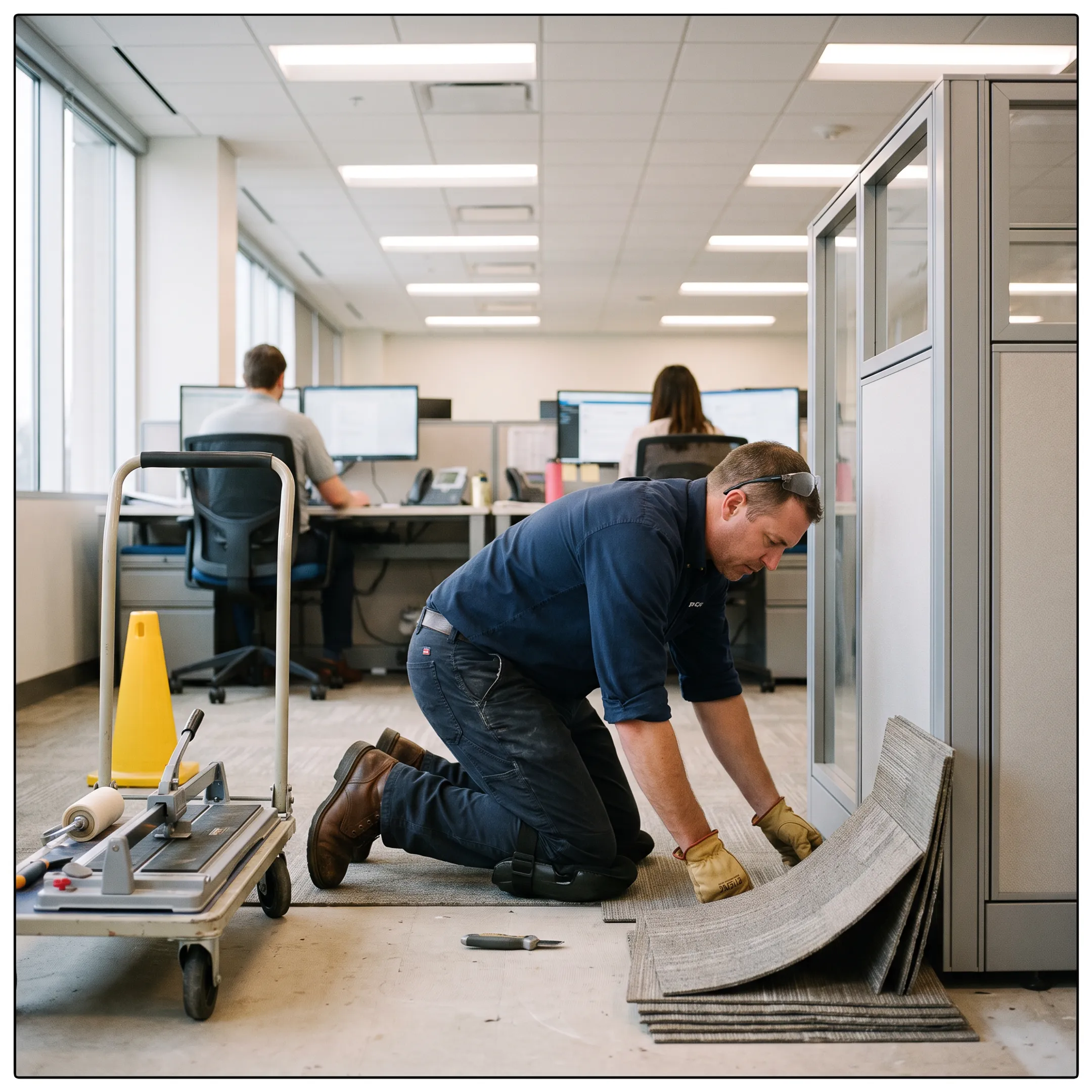 Commercial contract flooring installation in an occupied corporate office space