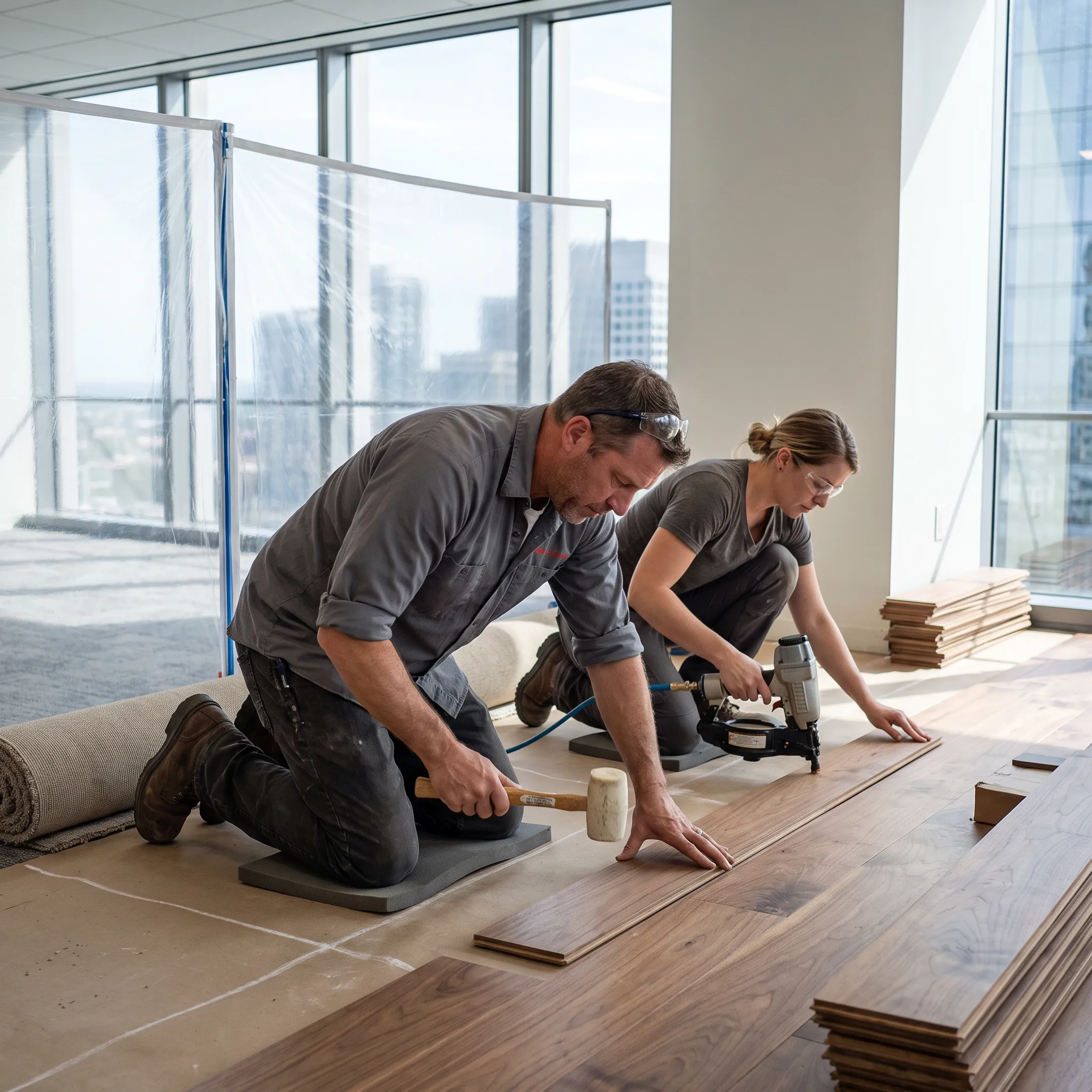 Commercial wood floor installation in modern office building