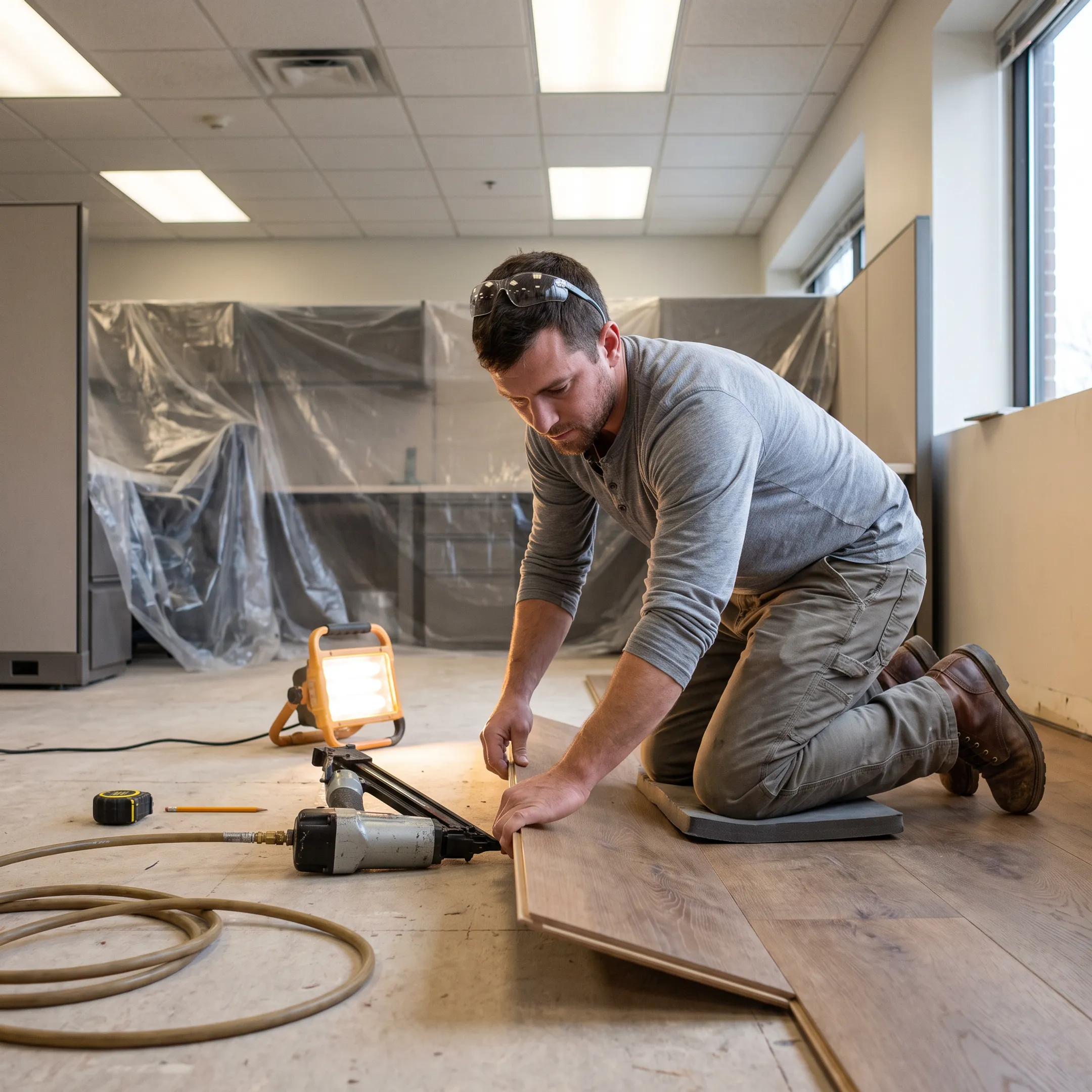 Contractor precisely installing commercial wood flooring