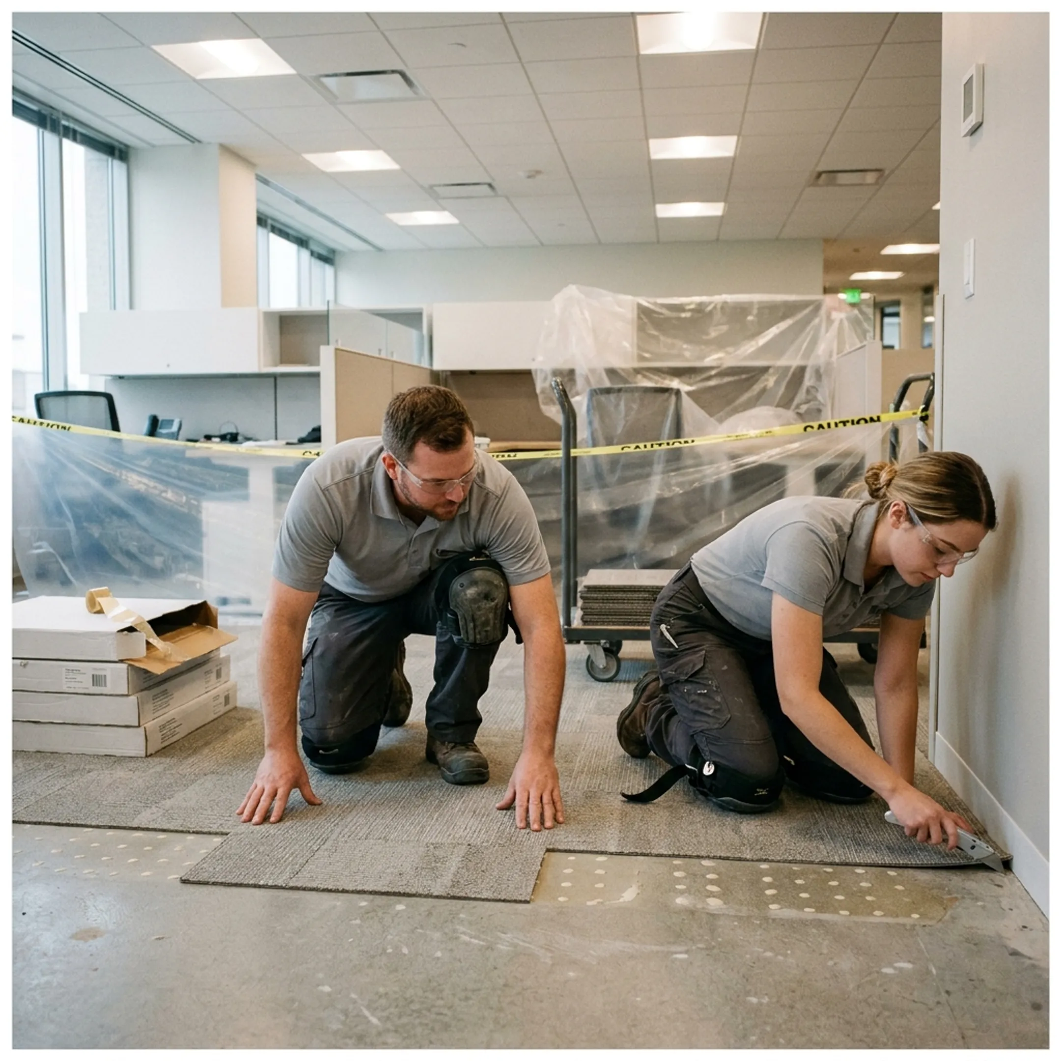 Commercial flooring installation showing modular carpet tiles in an active corporate office space