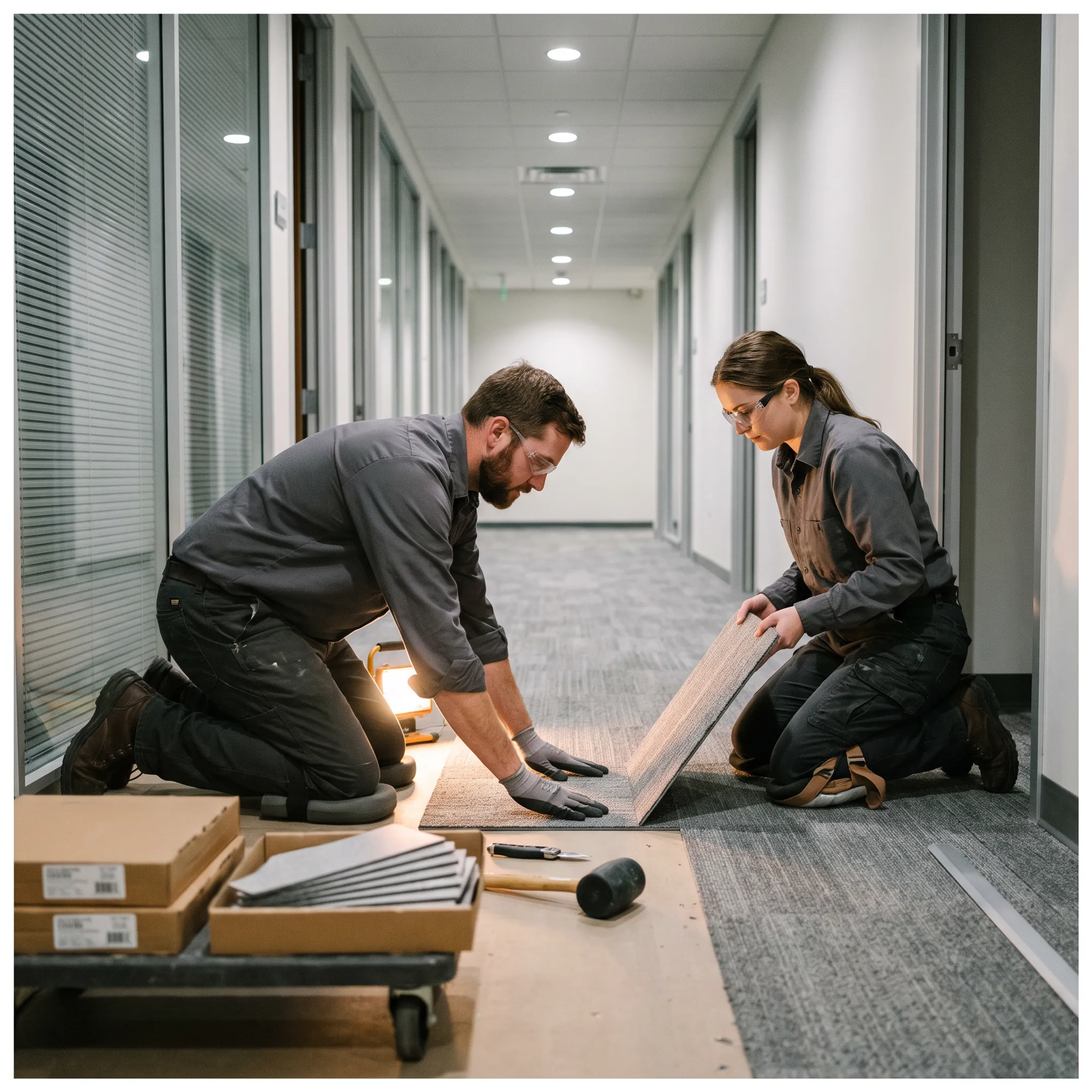 Commercial flooring crew performing phased occupied floor replacement in an office building