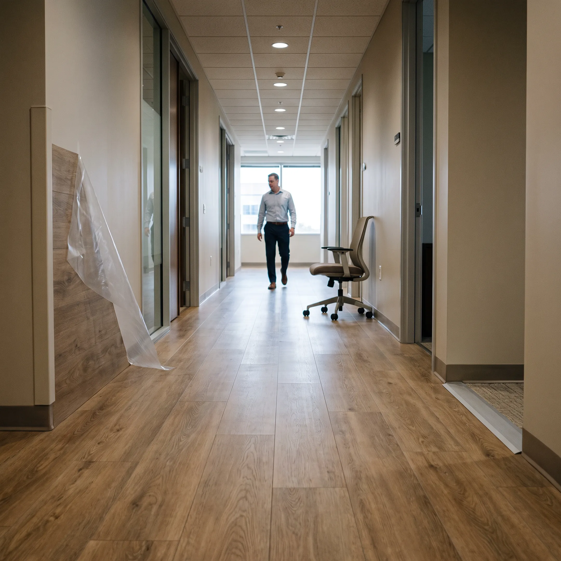 Commercial luxury vinyl flooring installed in a modern high-traffic office corridor