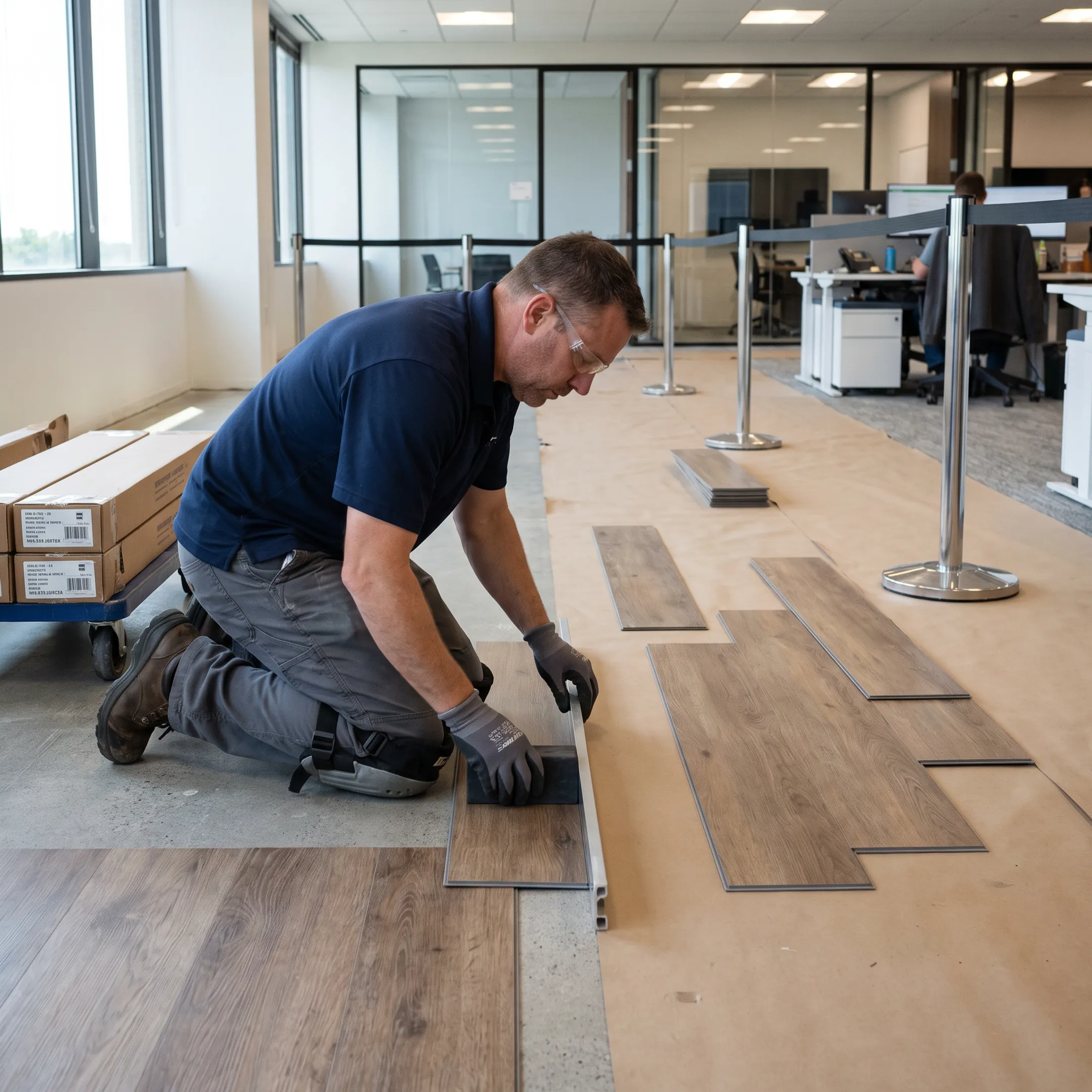 Commercial vinyl plank flooring being precision installed in an active workplace