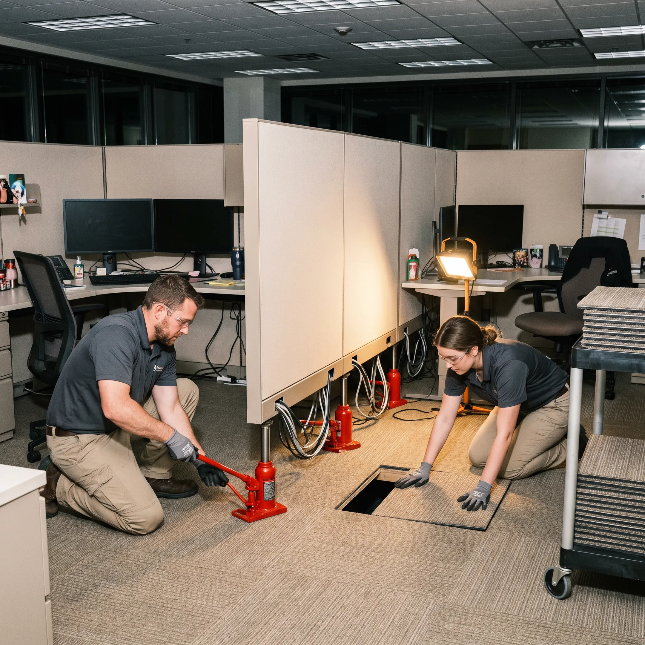 Specialized lift system raising office furniture for carpet tile installation