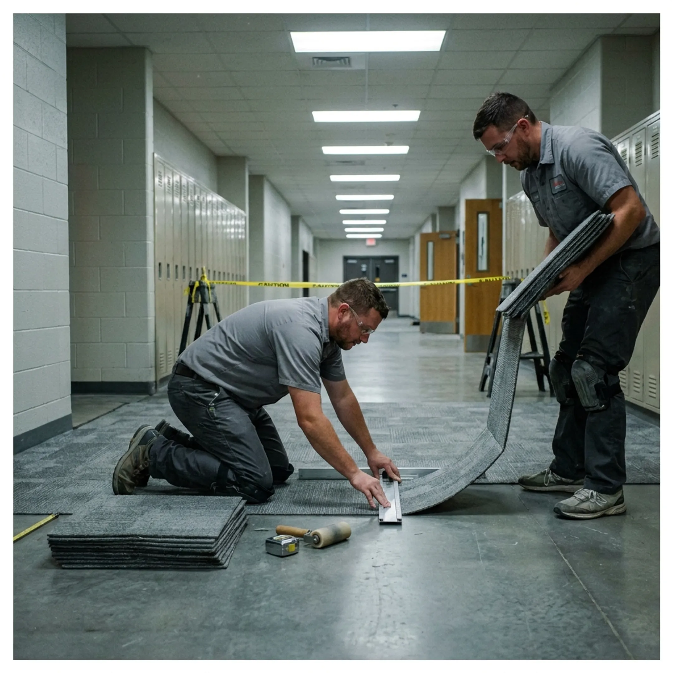 Technicians installing commercial vinyl tile flooring in a school hallway