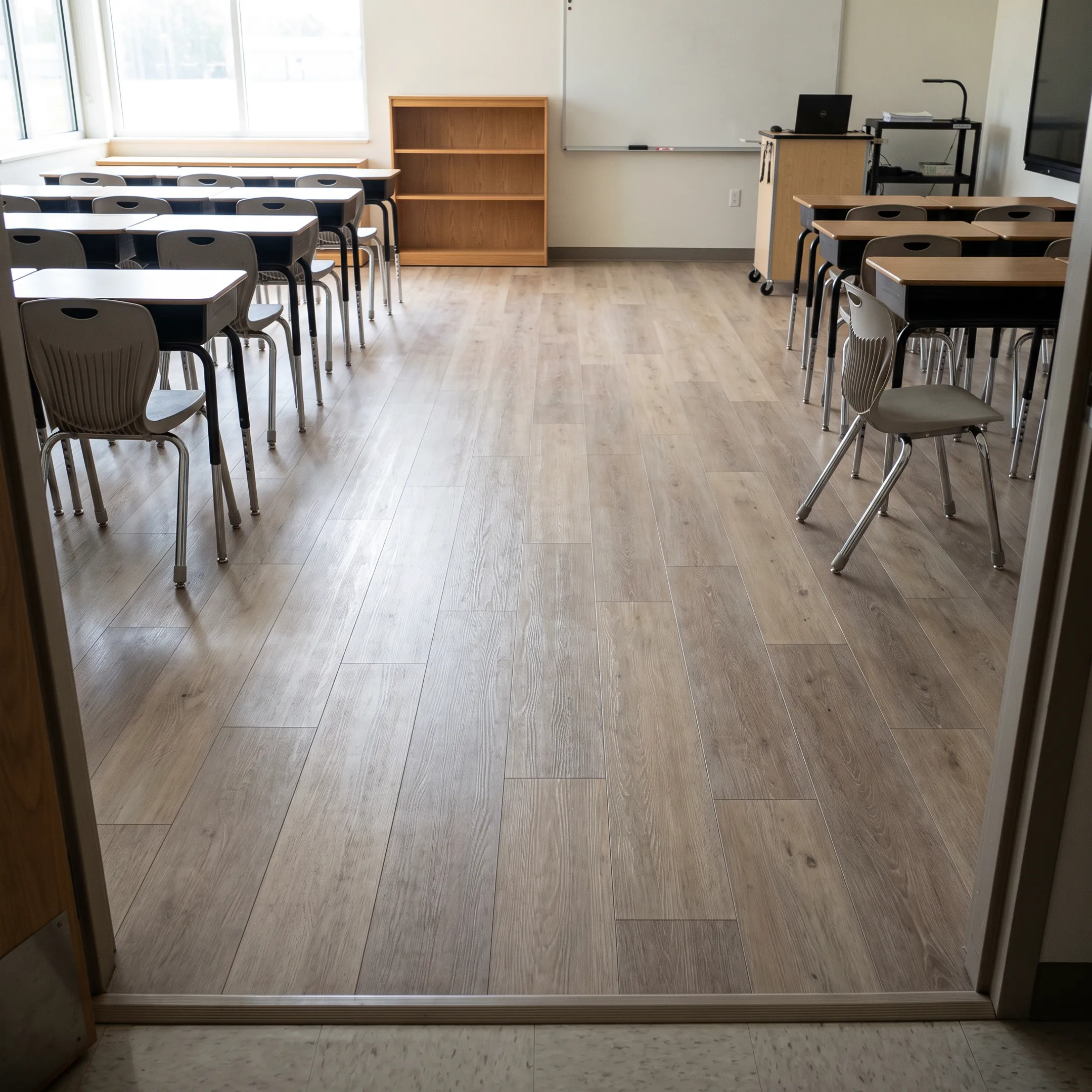 Commercial grade vinyl flooring in a modern school classroom
