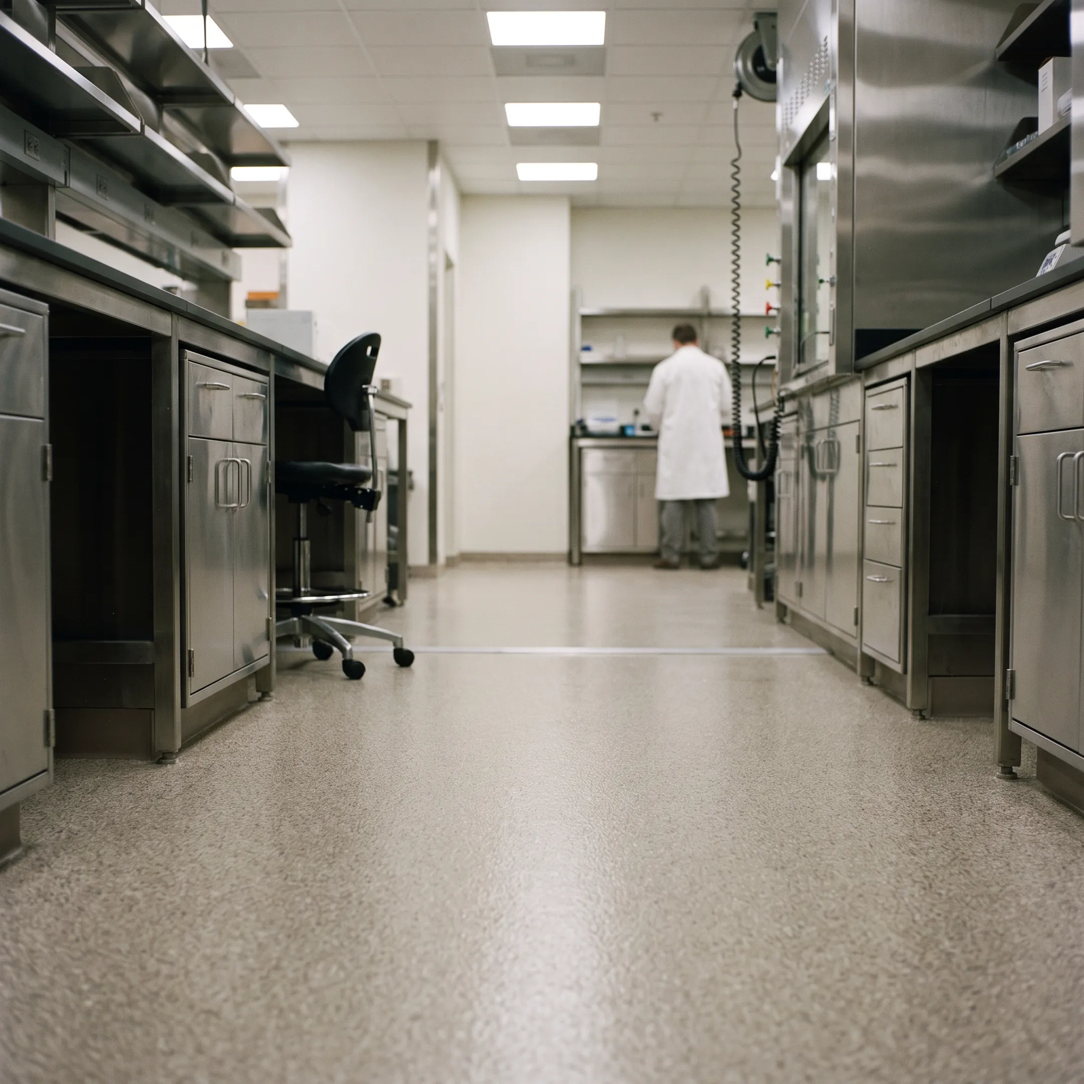 Commercial laboratory interior featuring clean resin and vinyl flooring installations