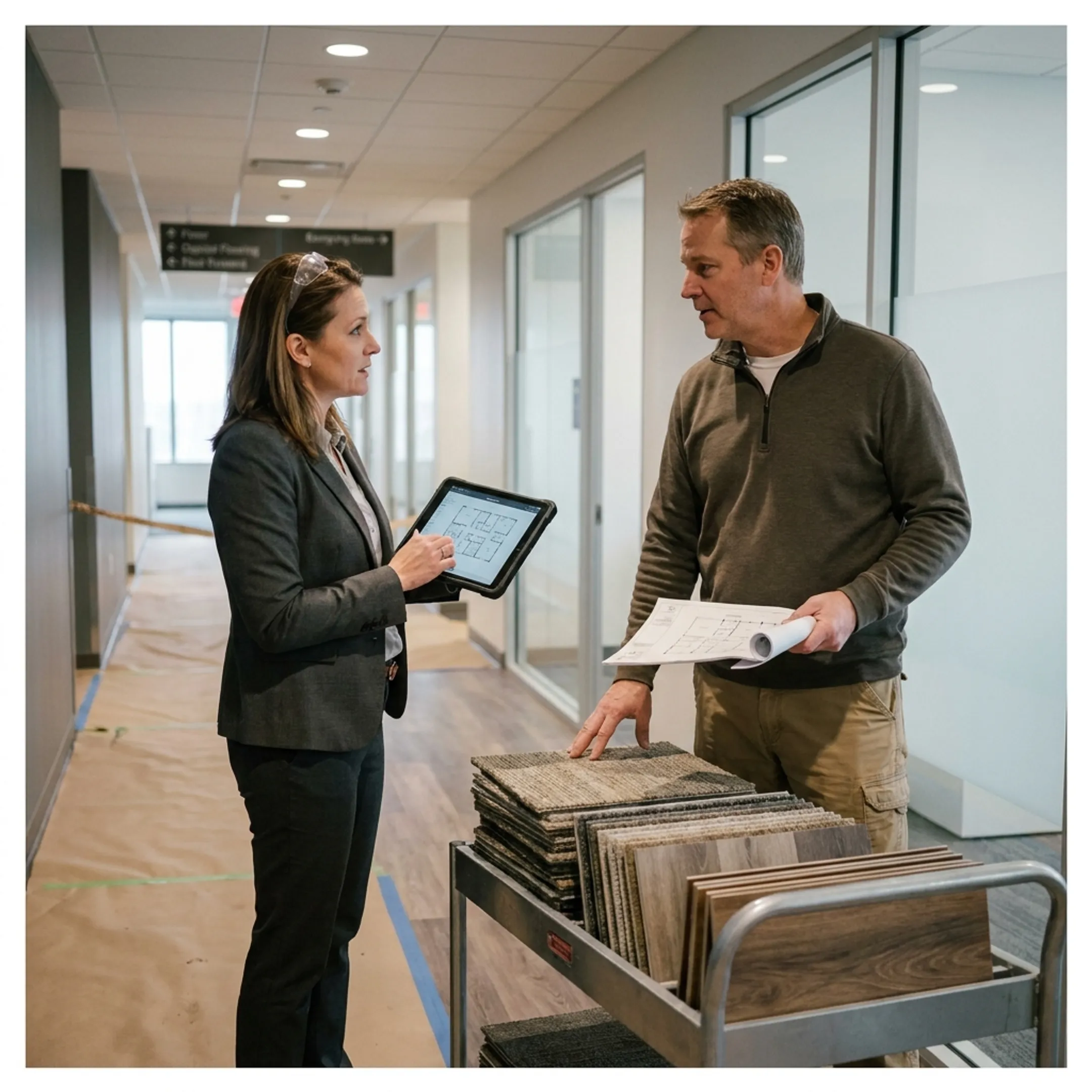 Flooring contractors reviewing commercial installation plans on site