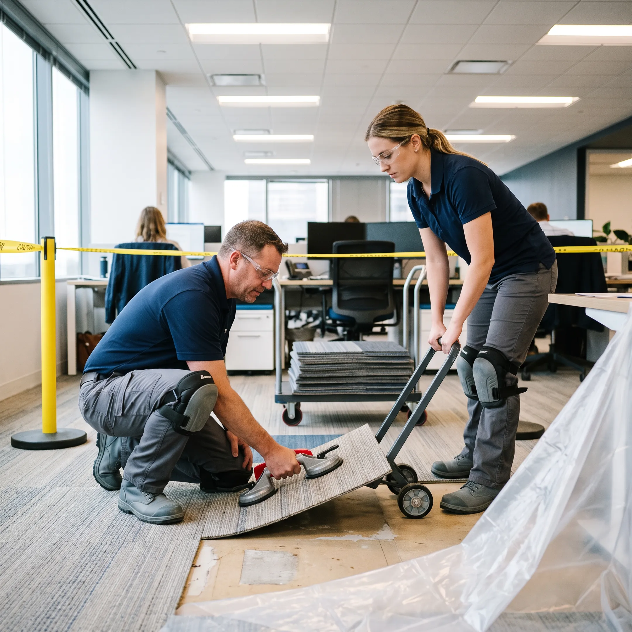 Commercial contract flooring installation in an active corporate facility