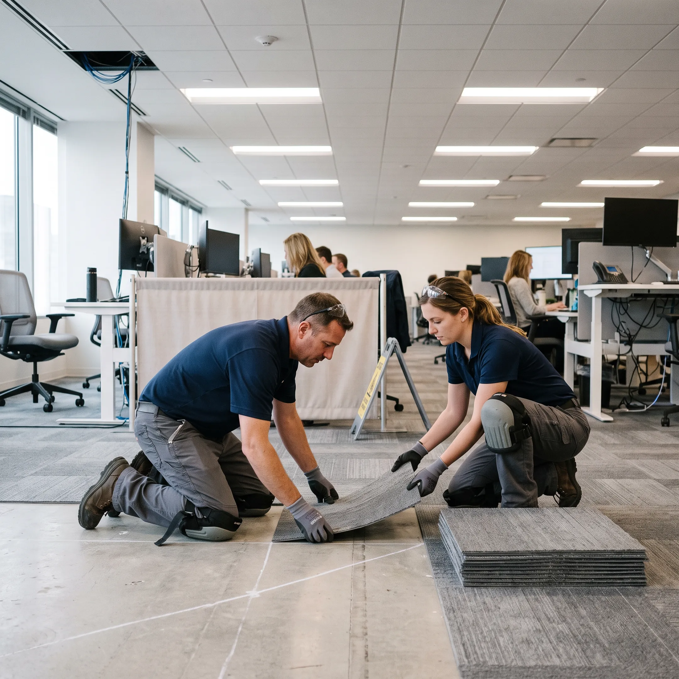 Commercial flooring installation in an active corporate office