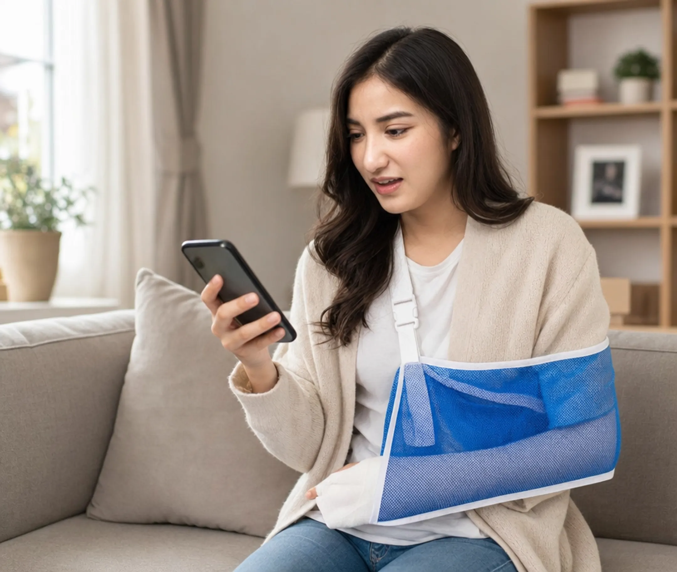 Injury claimant reviewing social media posts on smartphone after accident