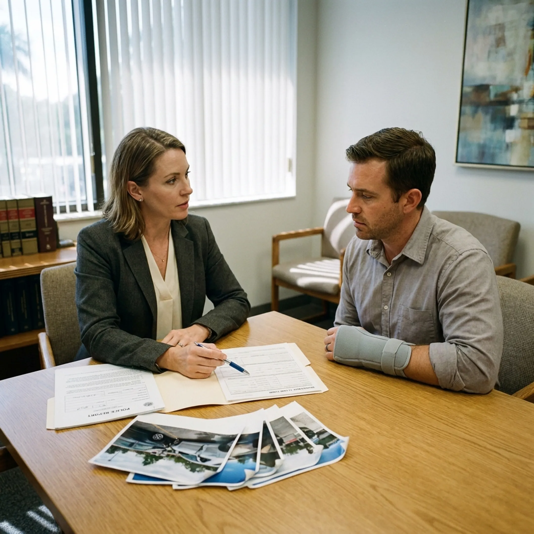 Attorney reviewing a truck accident case with an injured client