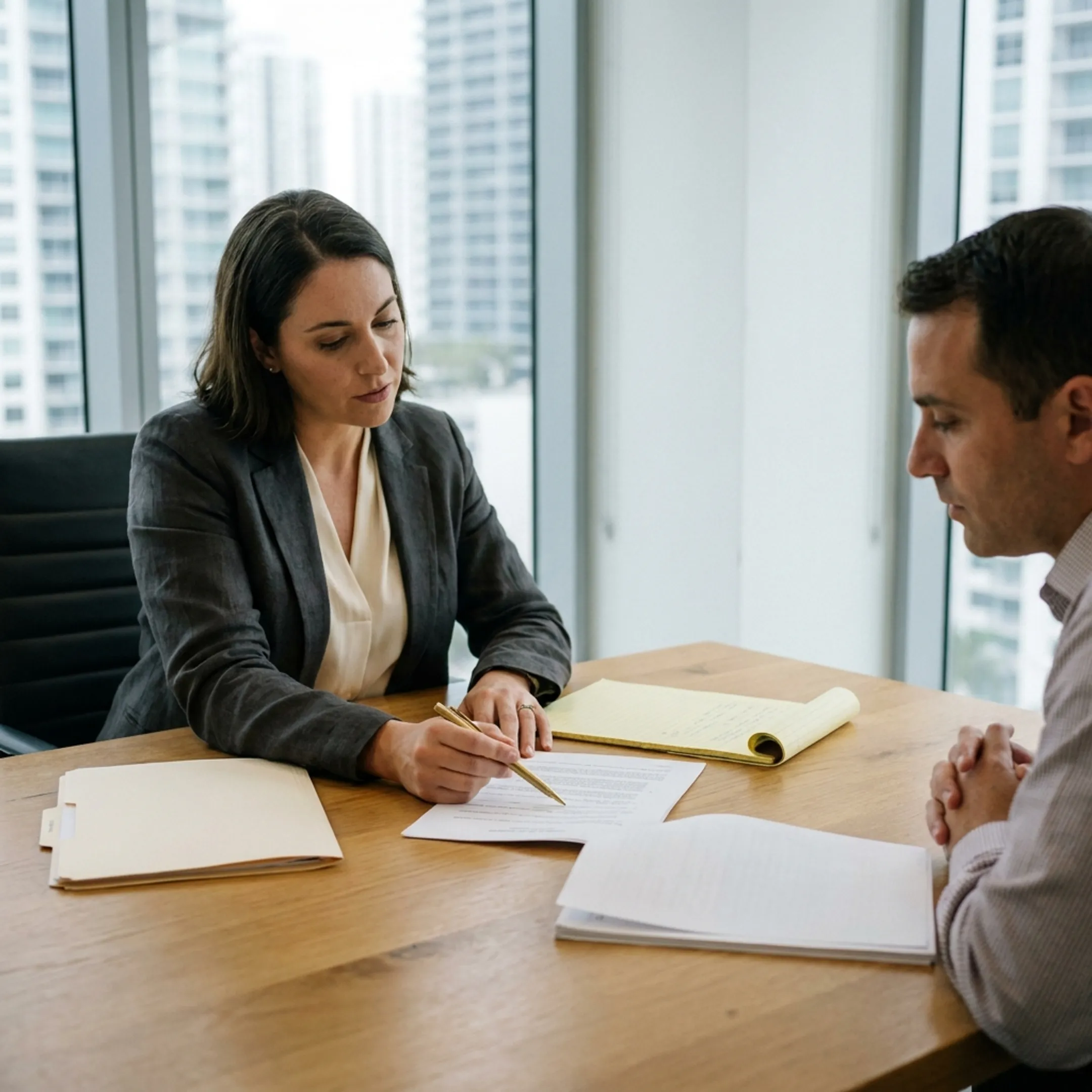 Abogado de defensa criminal consultando con un cliente en Miami