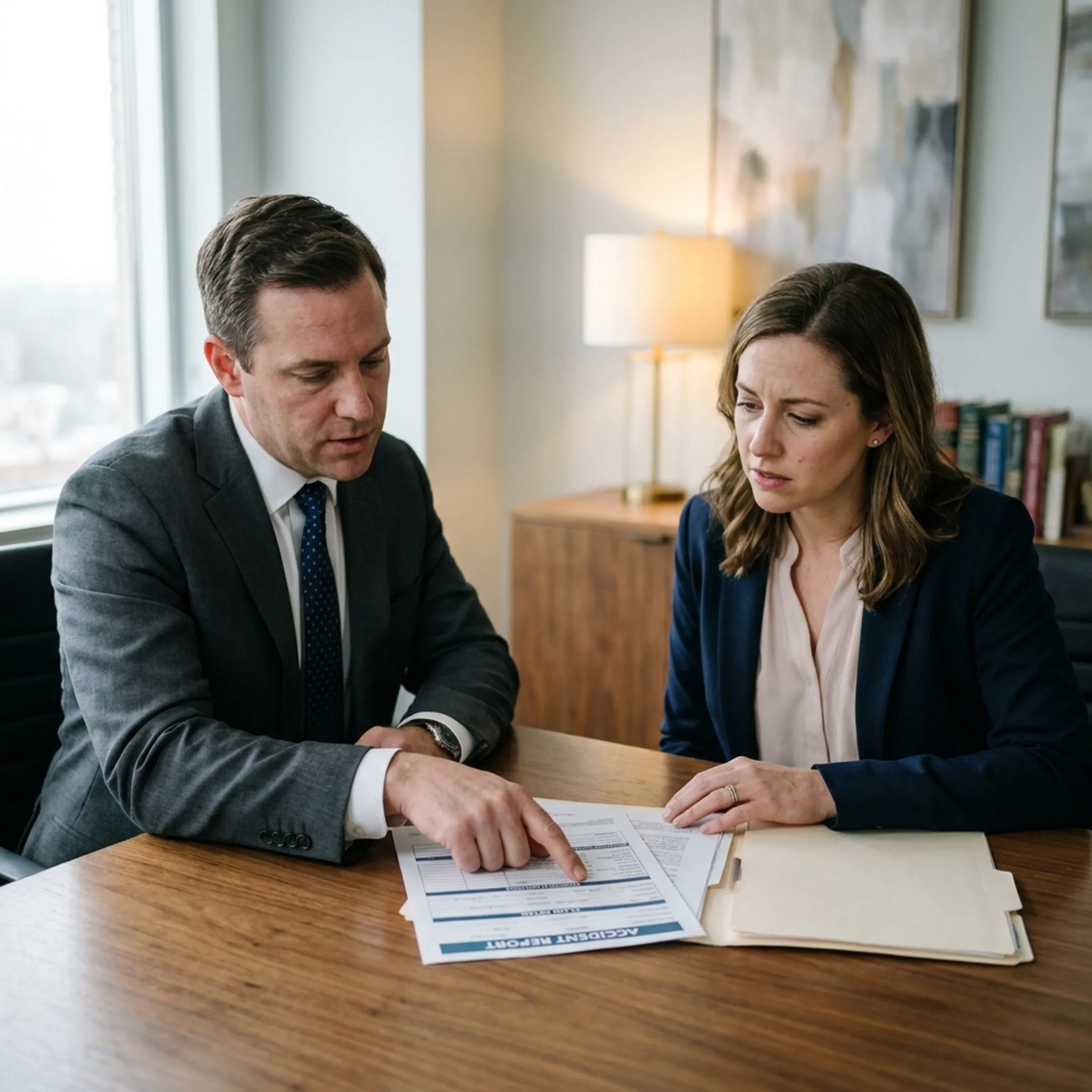 Attorney reviewing personal injury case documents with client