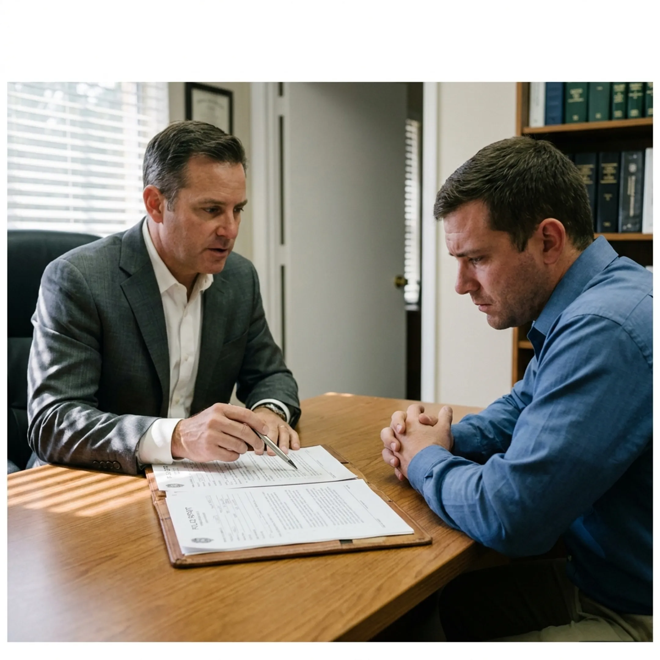 DUI defense attorney reviewing case documents with a client in a Fort Lauderdale law office