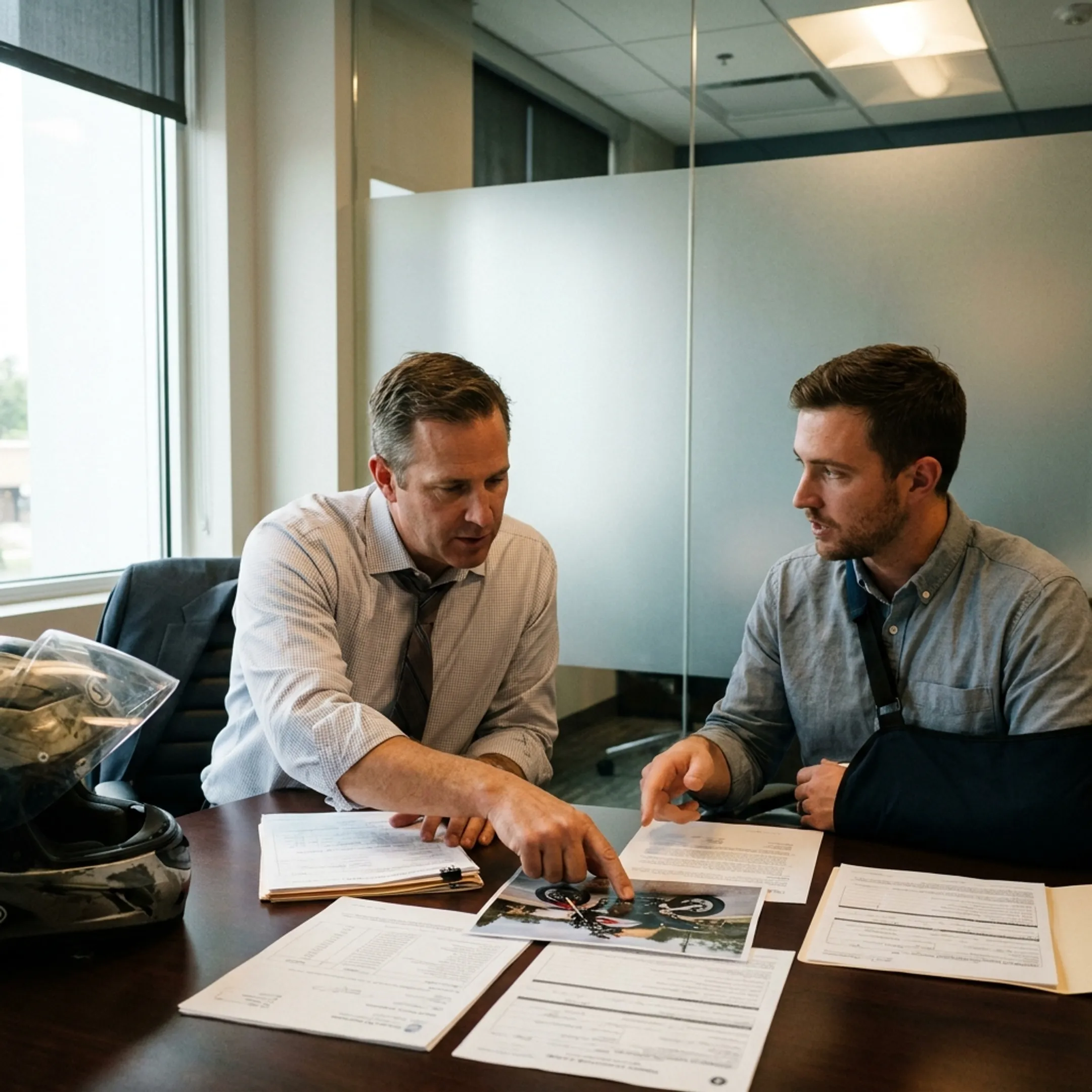 Lawyer reviewing motorcycle accident evidence and insurance documents with an injured client