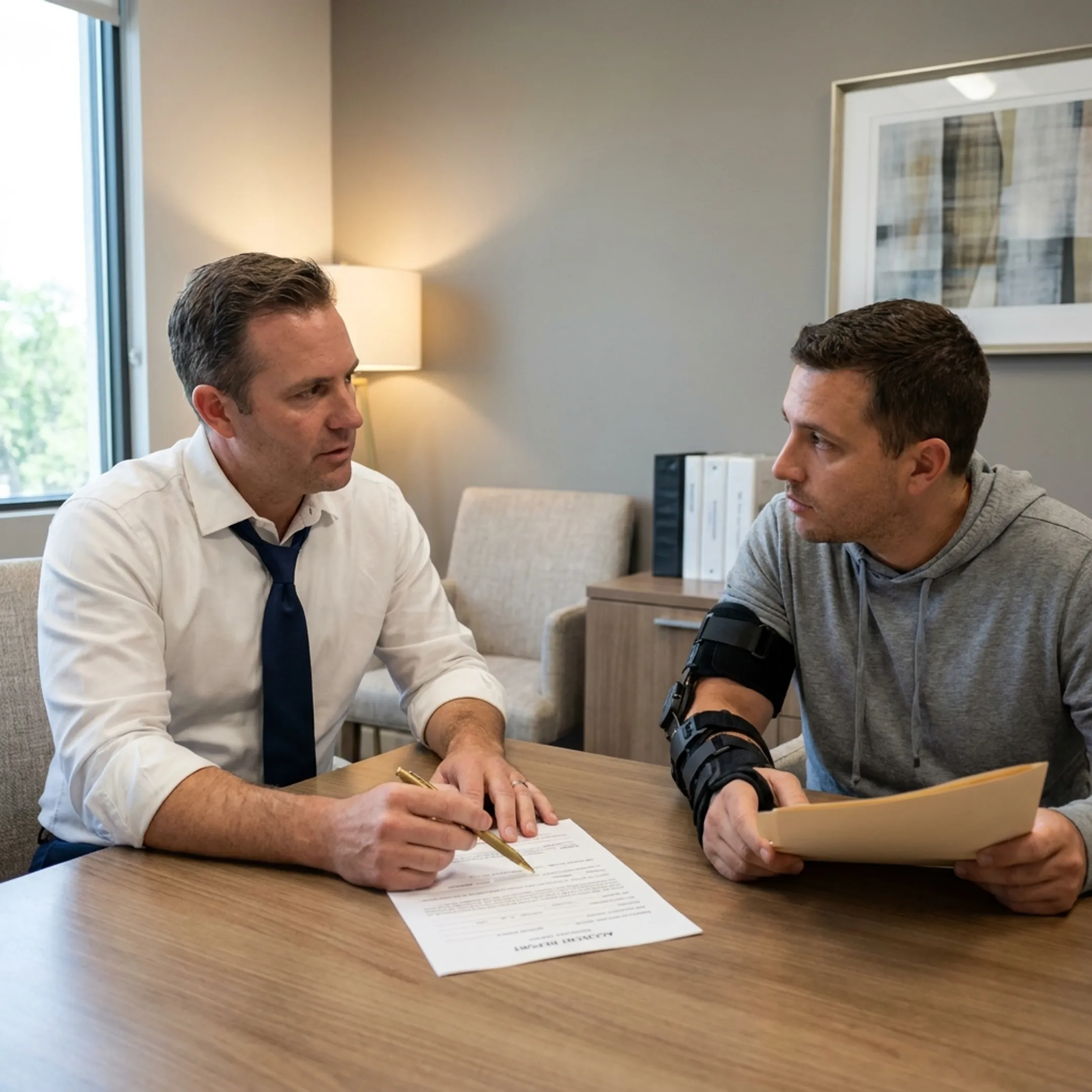 Attorney discussing a motorcycle accident injury claim with a client in a Florida law office