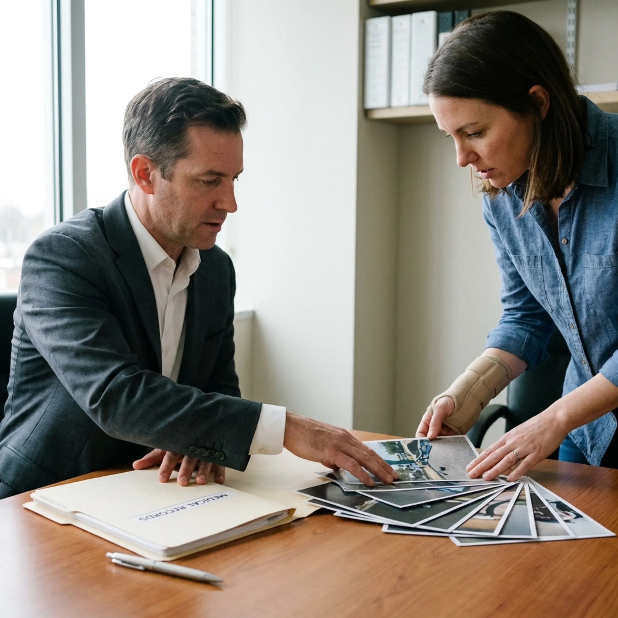 Attorney reviewing bicycle accident evidence with a client