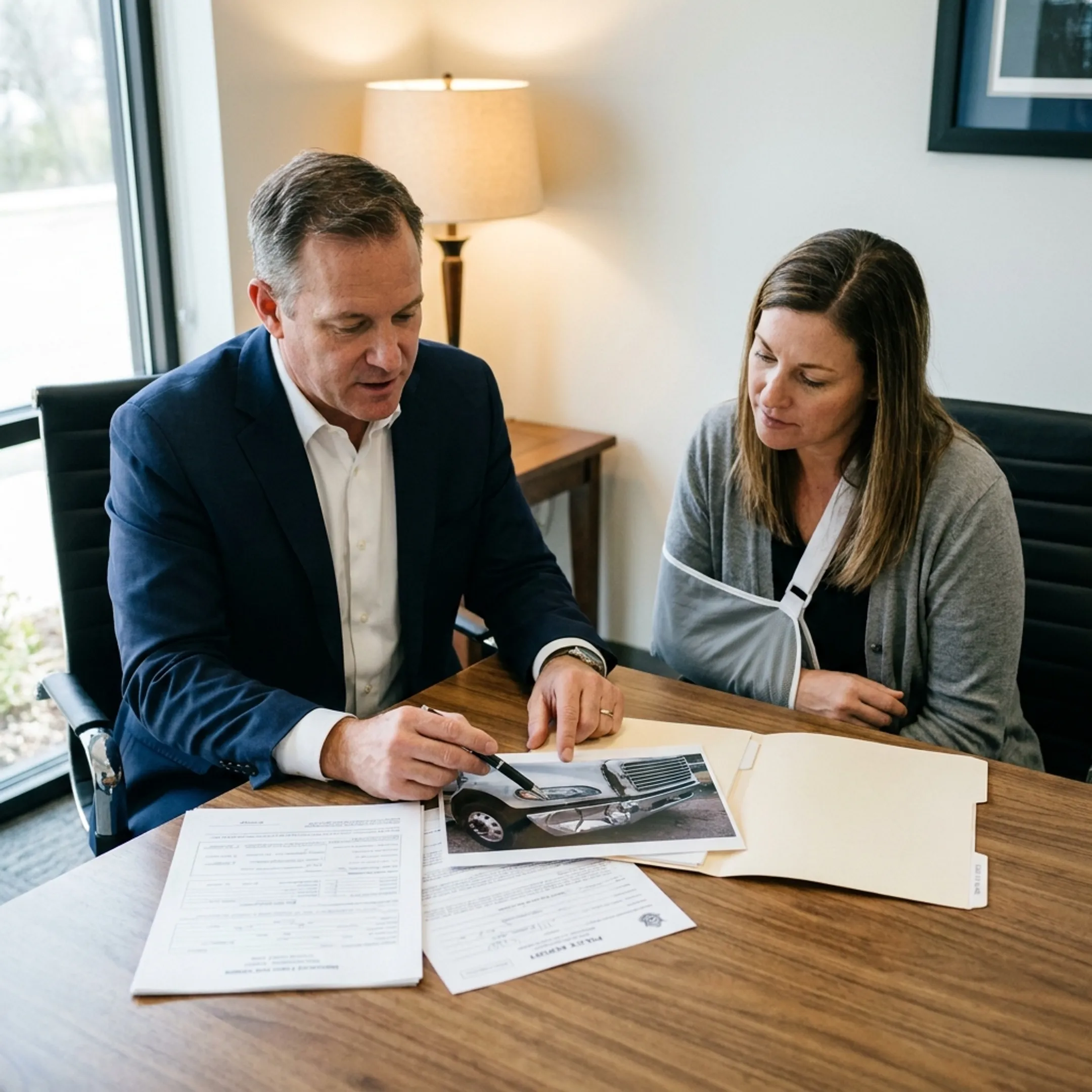 Florida truck accident attorney reviewing claim documents with client