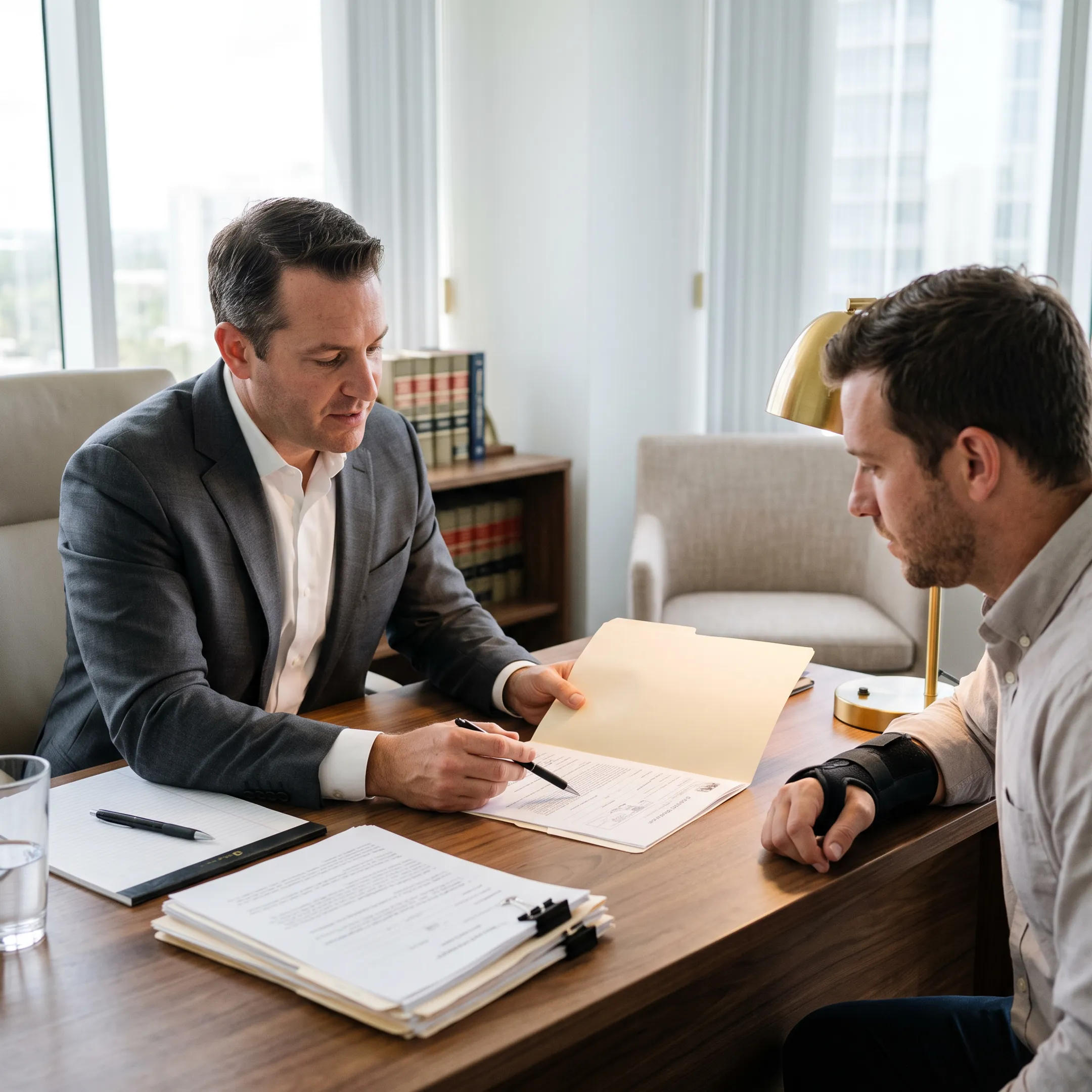 Personal injury lawyer meeting with an injured client in a Florida office