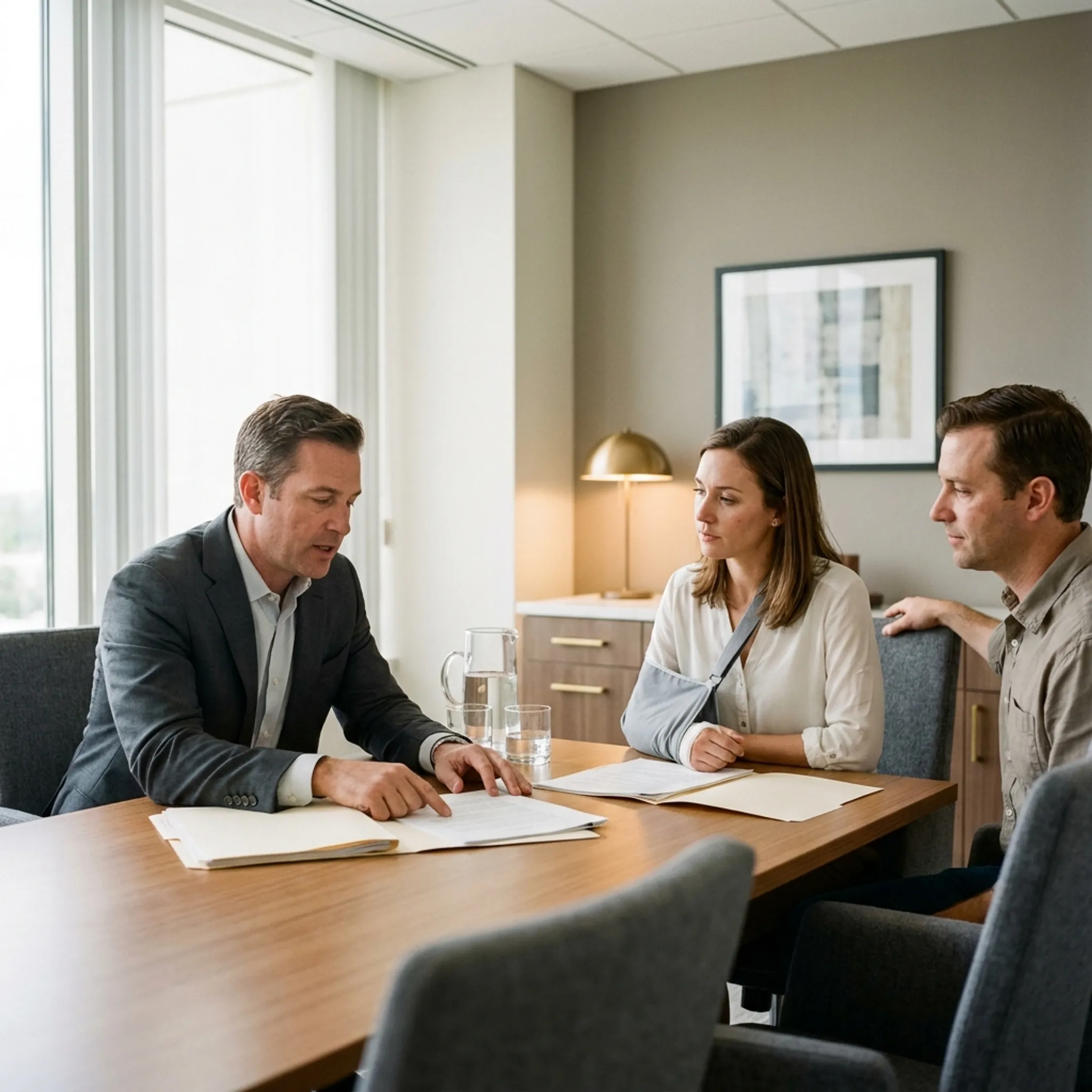 Attorney consulting with a traumatic brain injury client in a Miami office