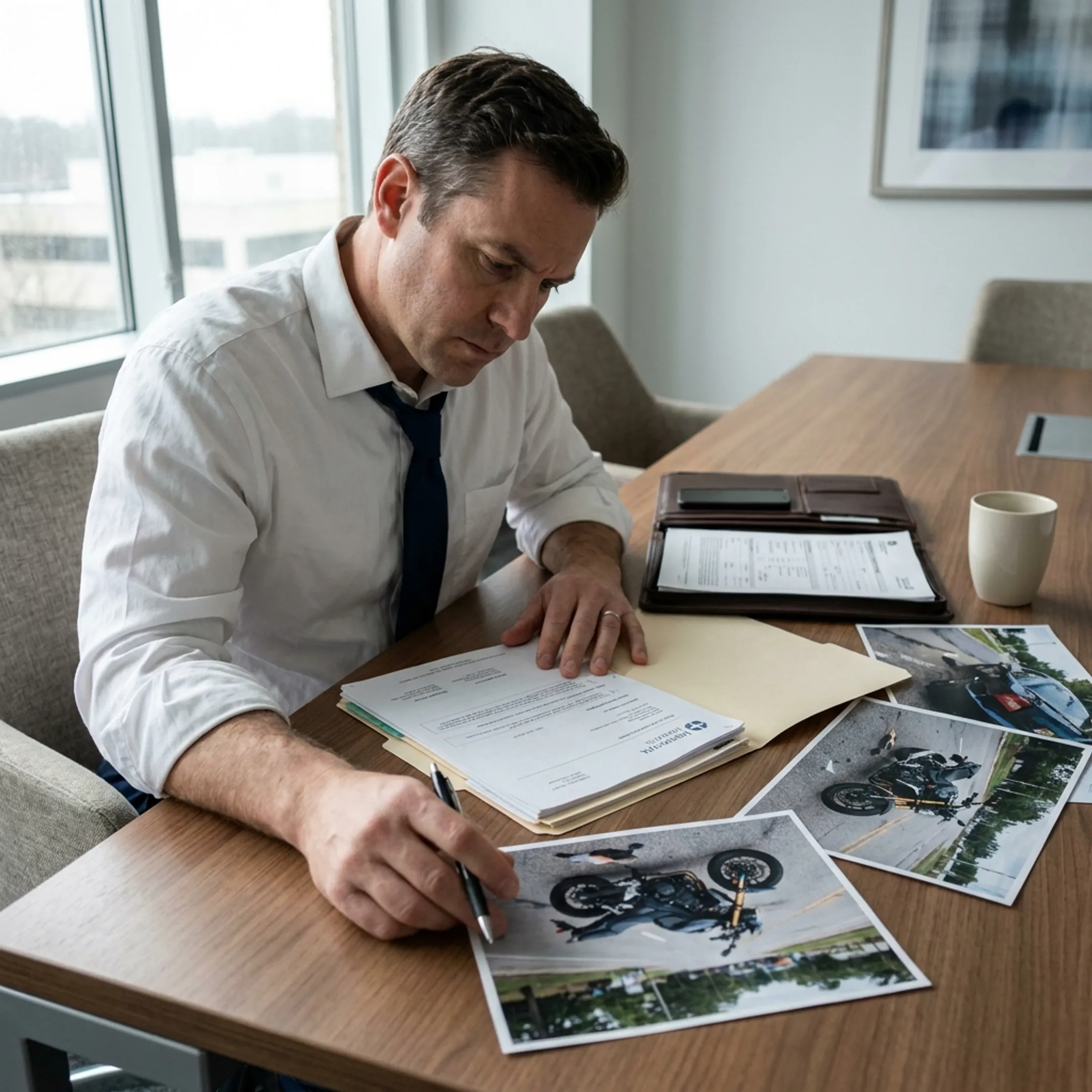 Attorney examining motorcycle accident documents and crash evidence