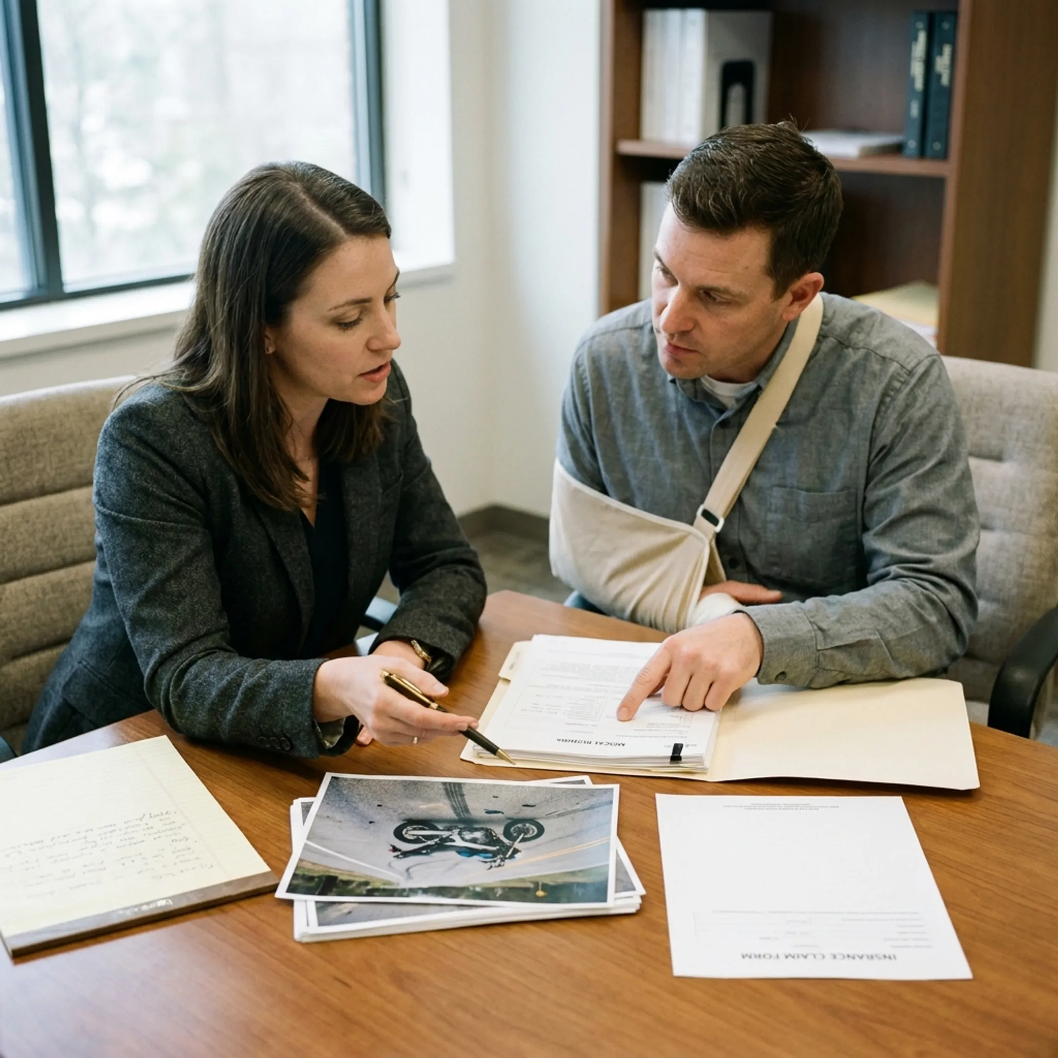 Attorney reviewing motorcycle accident evidence with an injured client