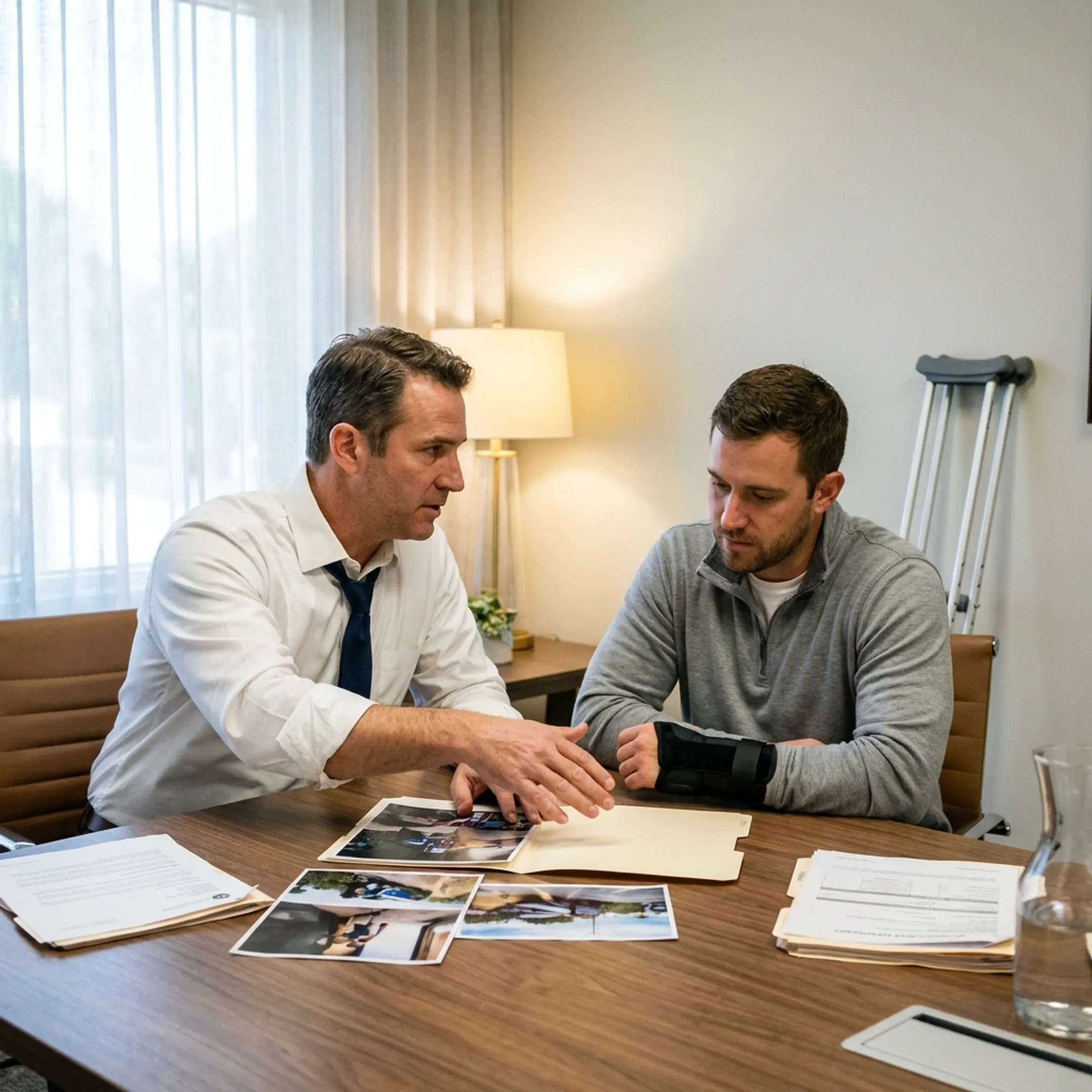 Attorney reviewing pedestrian accident evidence with an injured client