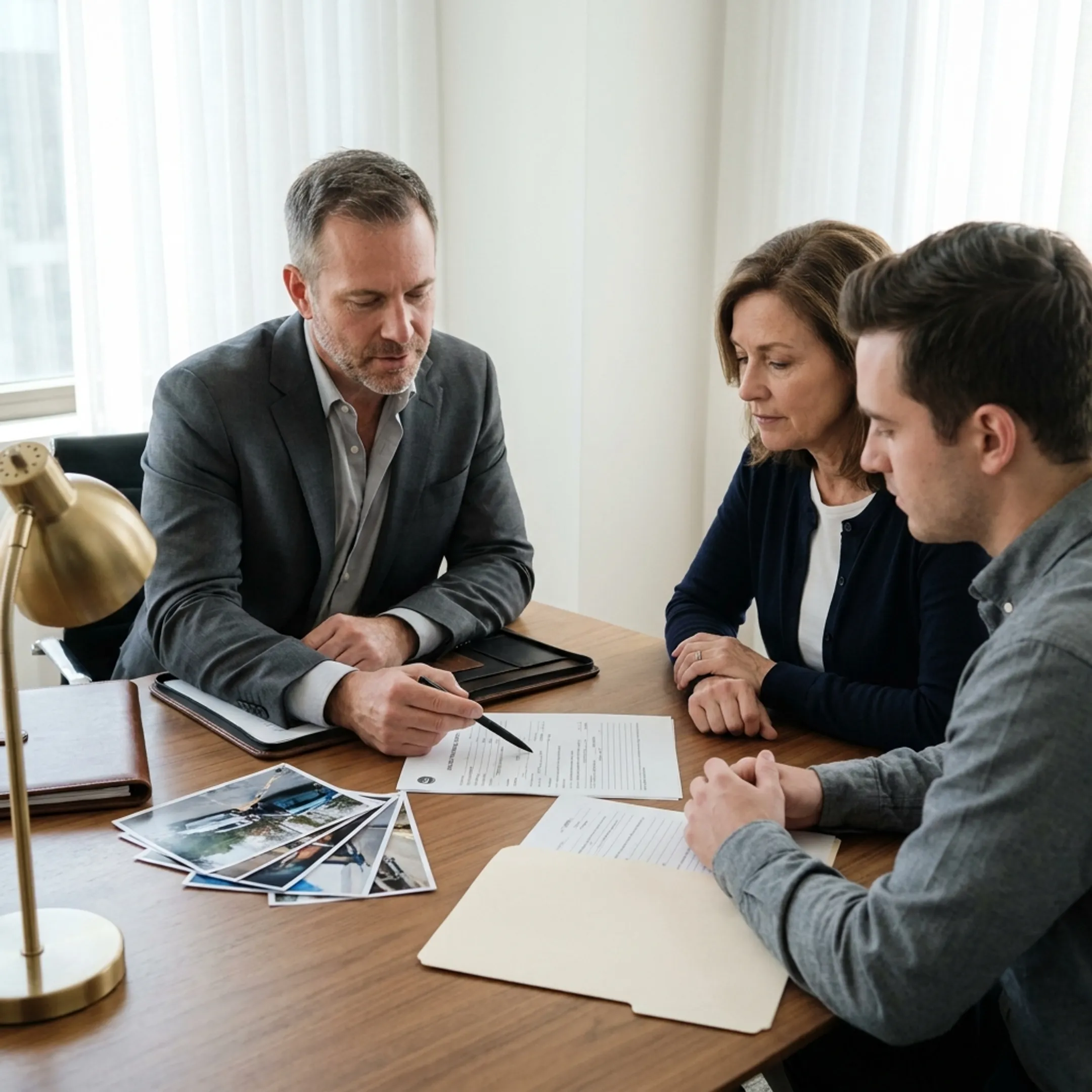 Wrongful death attorney reviewing case documents with a family