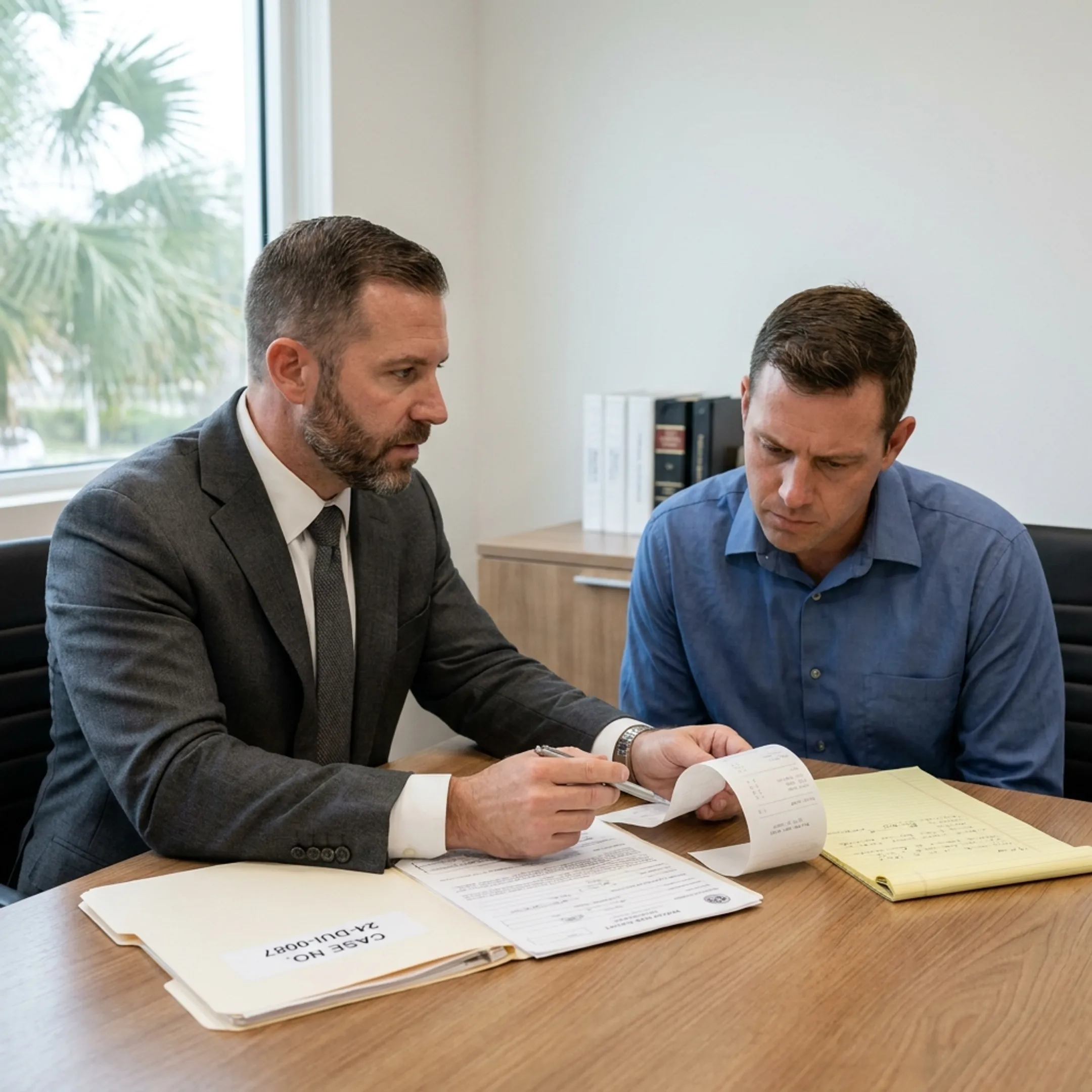 Florida DUI defense attorney reviewing case documents with a client
