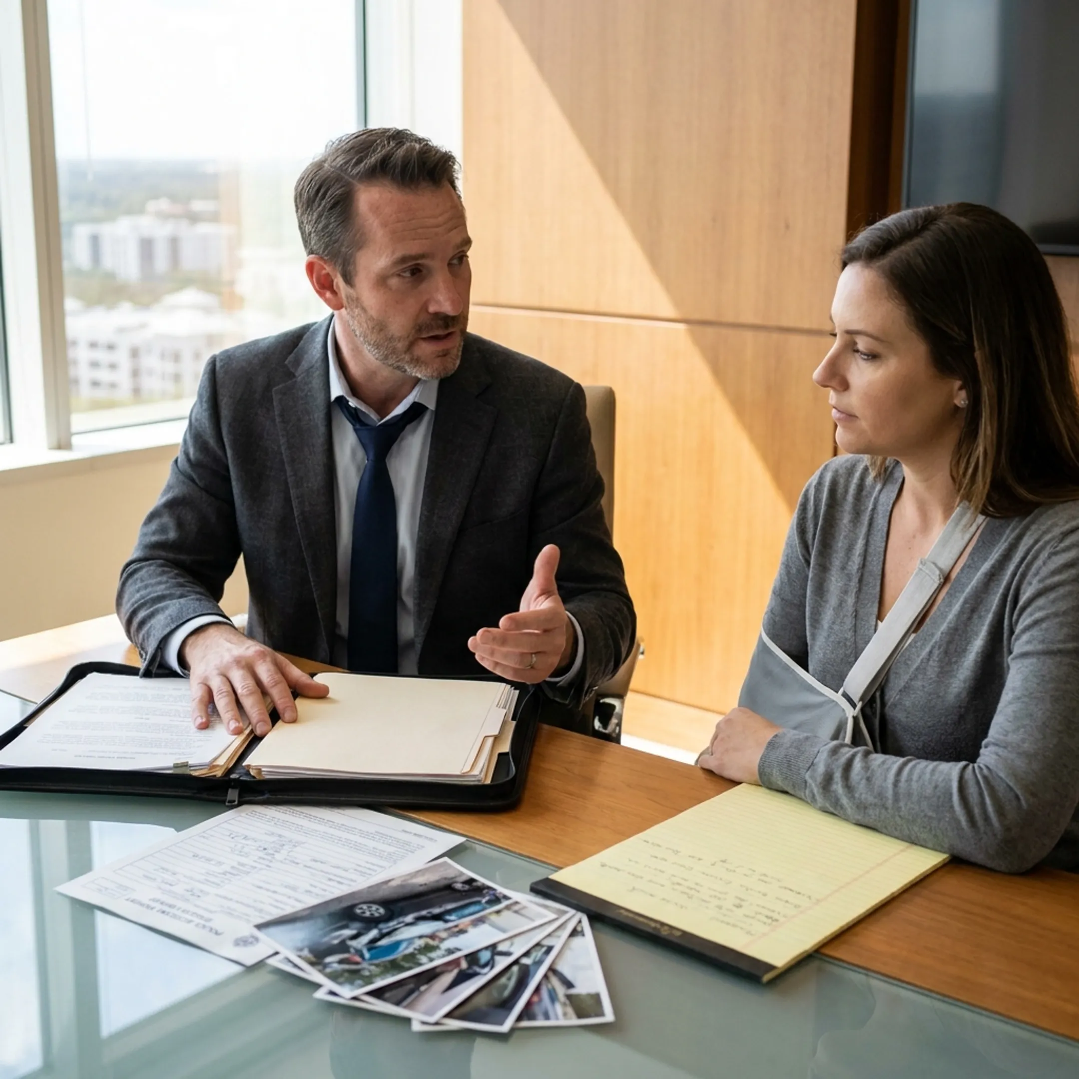 Truck accident attorney reviewing a collision case with an injured client