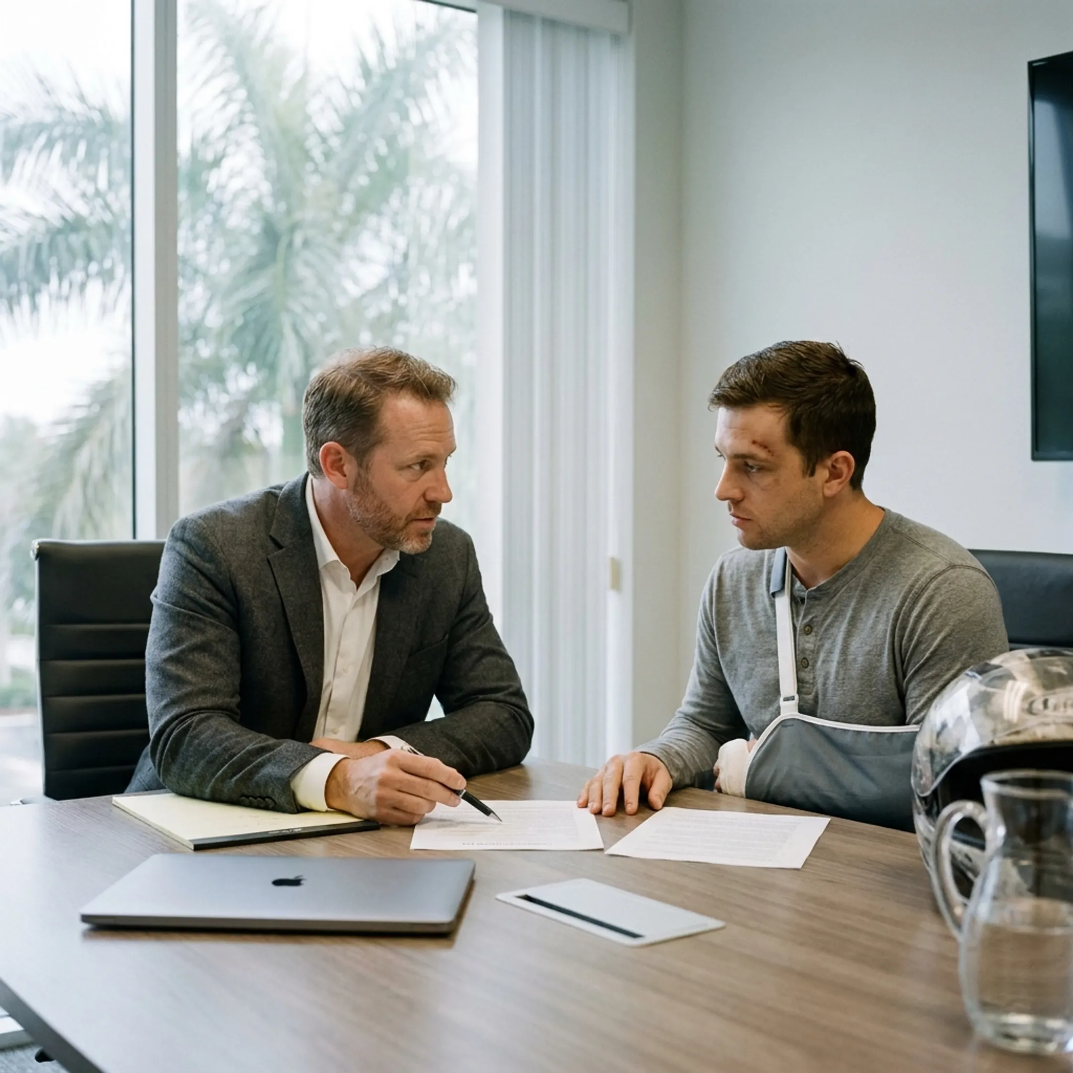 Motorcycle accident attorney consulting with an injured rider about a Florida injury claim