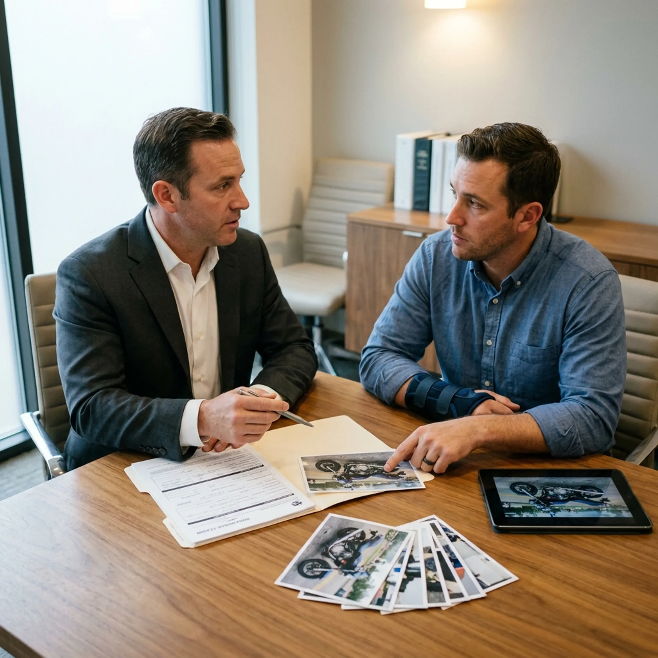 Attorney reviewing motorcycle accident claim materials with an injured client