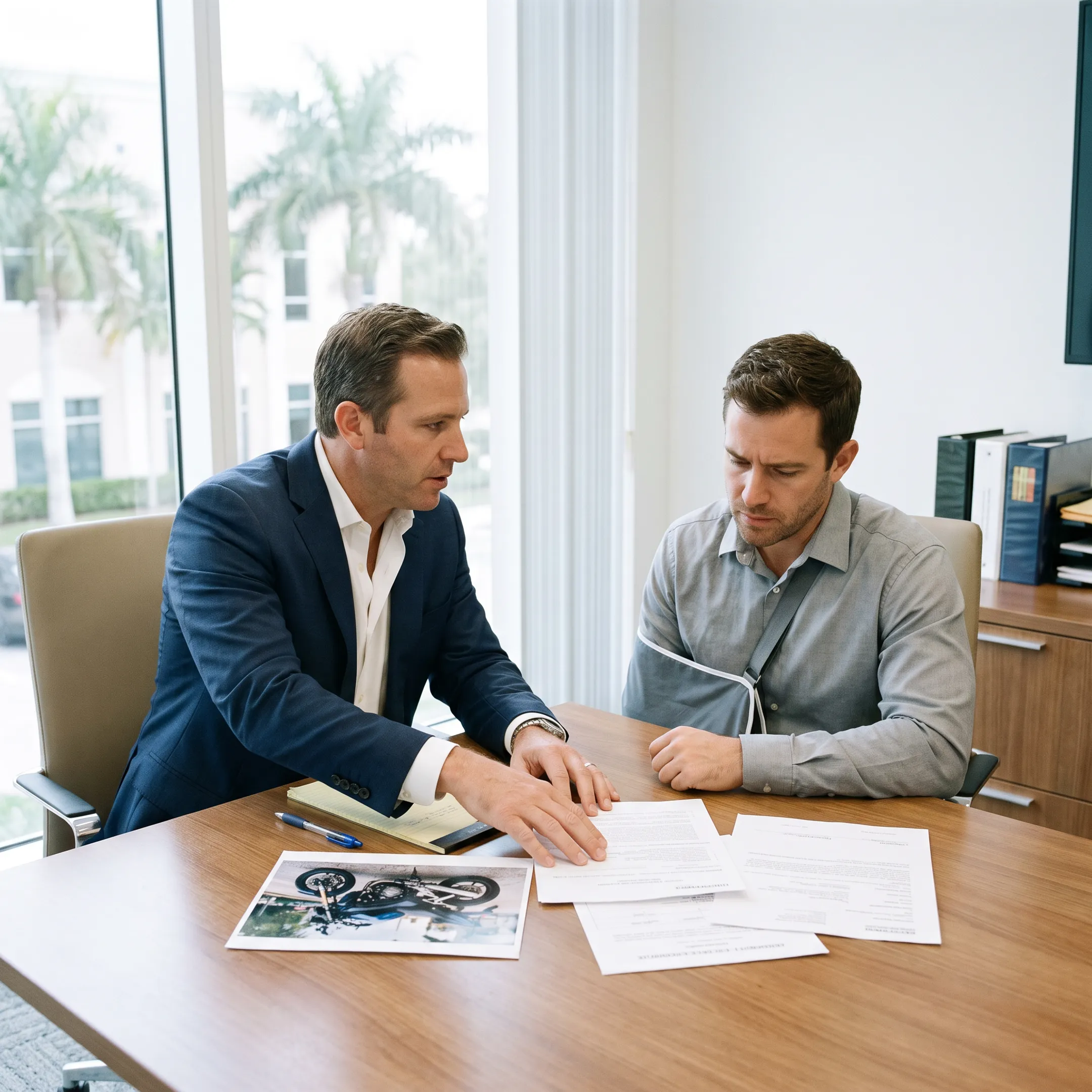 Attorney discussing a motorcycle accident injury claim with a client