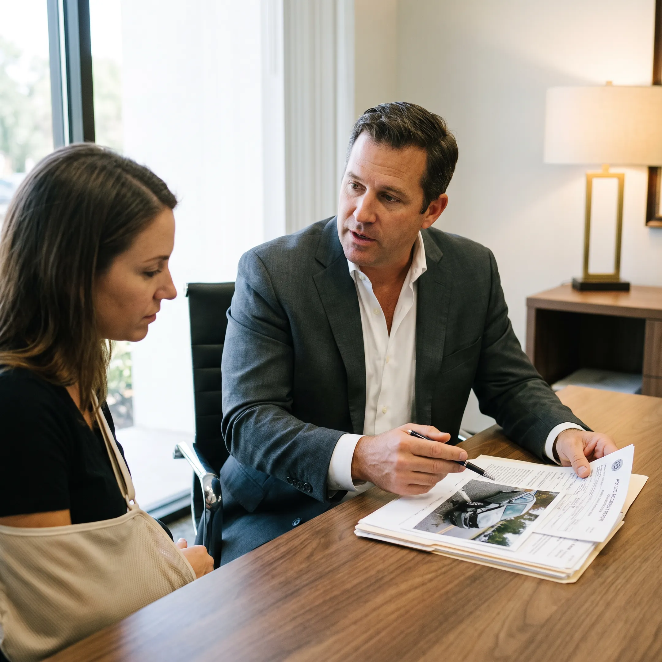 Attorney discussing a rideshare accident claim with an injured client in Miami