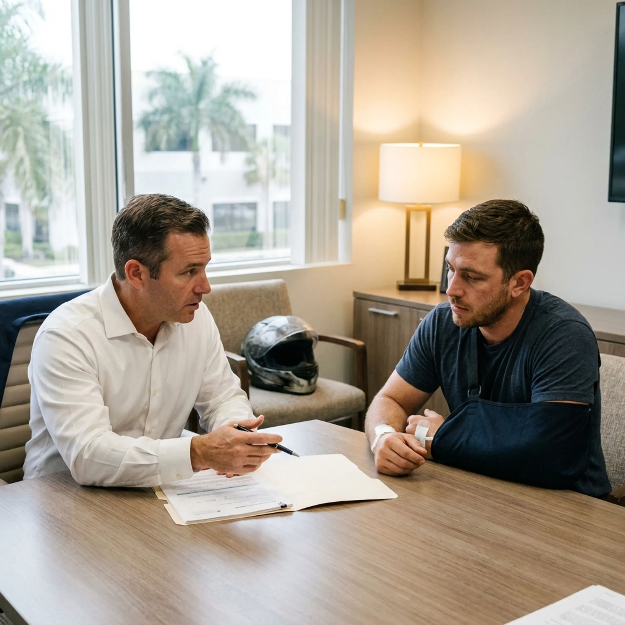 Attorney reviewing motorcycle accident case documents with an injured client