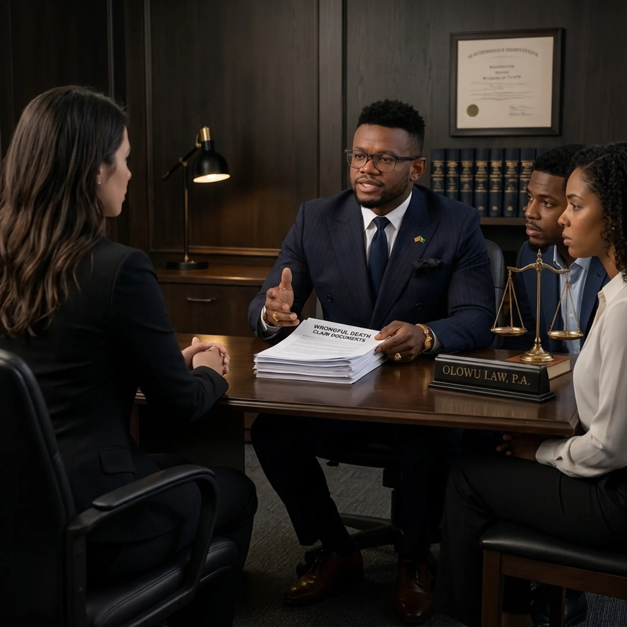 Attorney discussing wrongful death case documents with family members