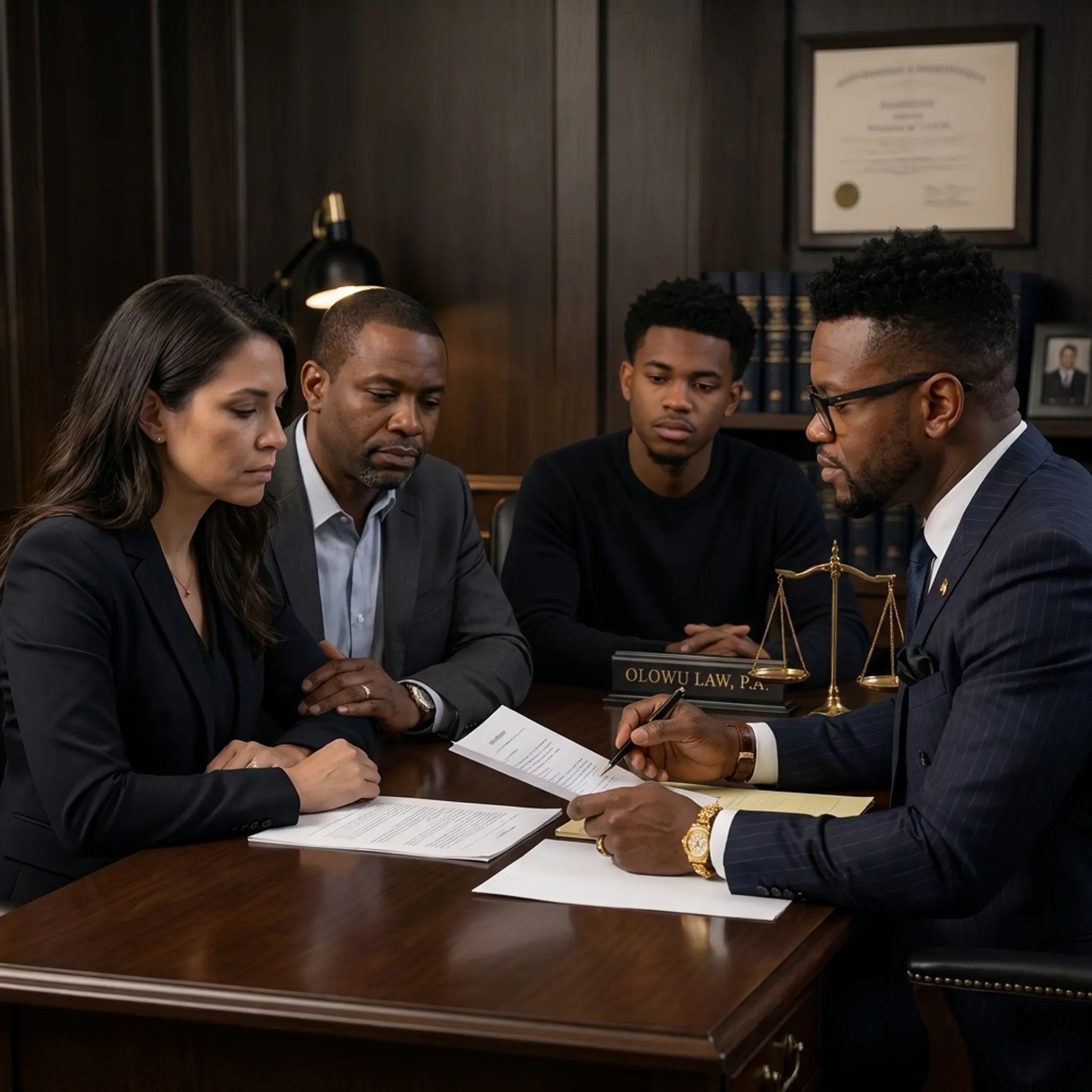 Wrongful death attorney meeting compassionately with grieving family in a Miami law office
